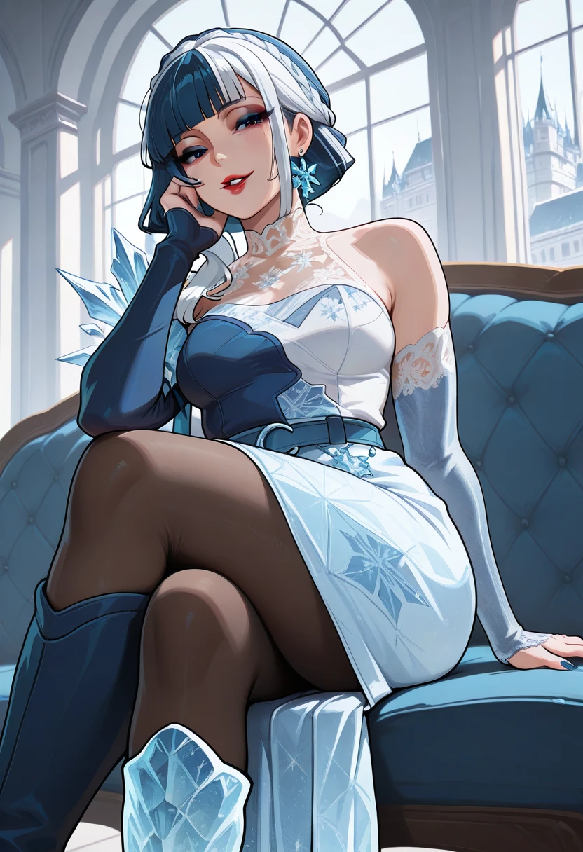 masterpiece, best quality, newest, absurdres, highres, , <lora:RivalsLunaSnow-000011:0.9> RVLSLNALT, two-tone hair, dress, blunt bangs, crown braid, makeup, single sidelock, blue hair, white hair, dress, medium skirt, single bare shoulder, snowflake earrings, ice crystal, embroidery, asymmetrical sleeves, blue belt, snowflake earrings, pantyhose, asymmetrical boots, sitting, in couch, indoors, crossed legs, seductive smile, blue nails, hand on own face, parted lips, breasts, looking at viewer, castle, large window, hand on own knee