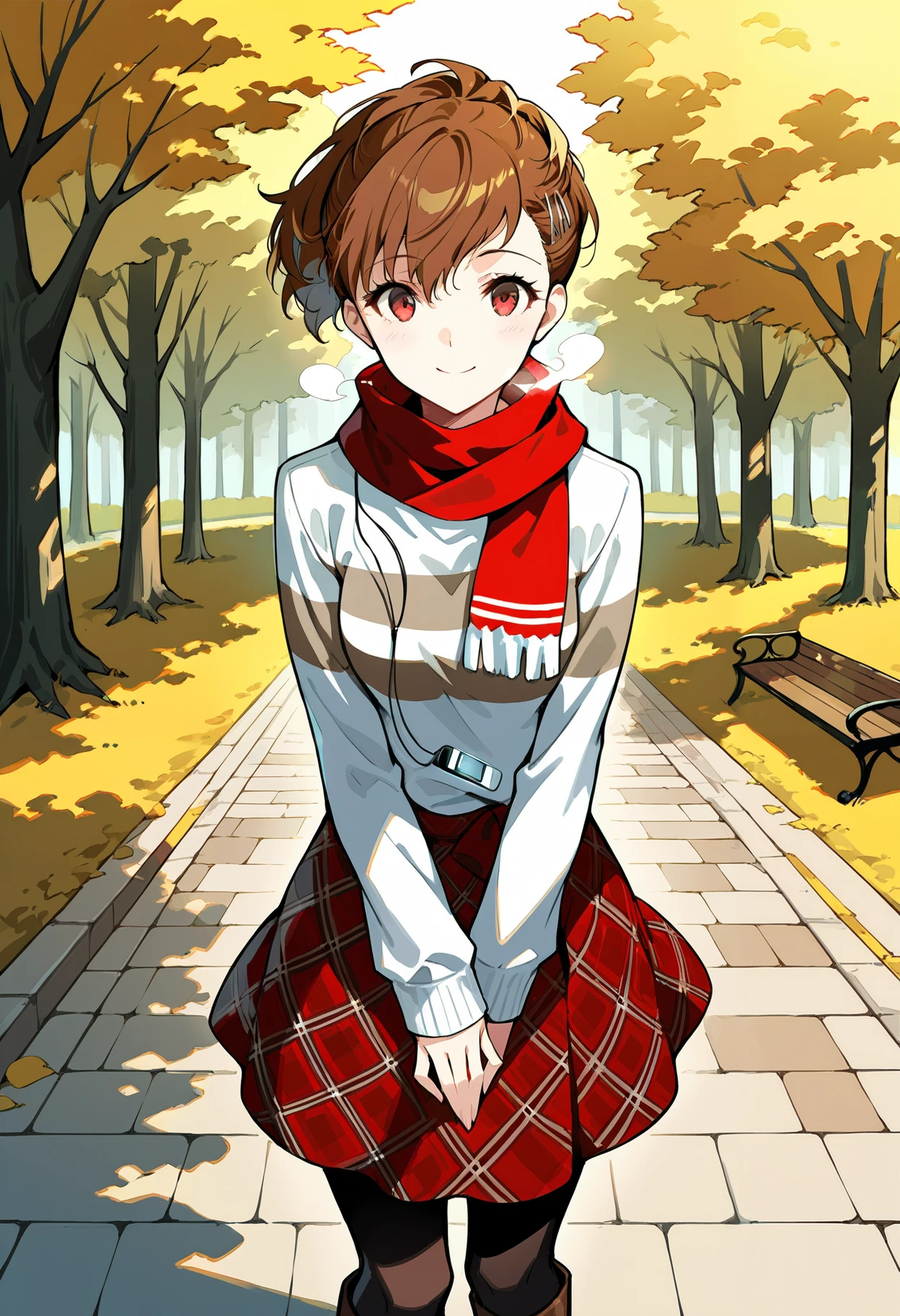 (masterwork, masterpiece, best quality, hyper-detailed :1.1),
1 girl, solo,
p3kotone, ponytail, shiomi kotone, brown hair, short hair, hair ornament, hairclip, headphones, digital media player
p3kotone-wincas, scarf, red scarf, shirt, long sleeves, stripe shirt, skirt, plaid skirt, black pantyhose, pantyhose, boots, dark brown boots,
outdoors, park, foggy breath, trees, looking at viewer, smile, standing, v arms,