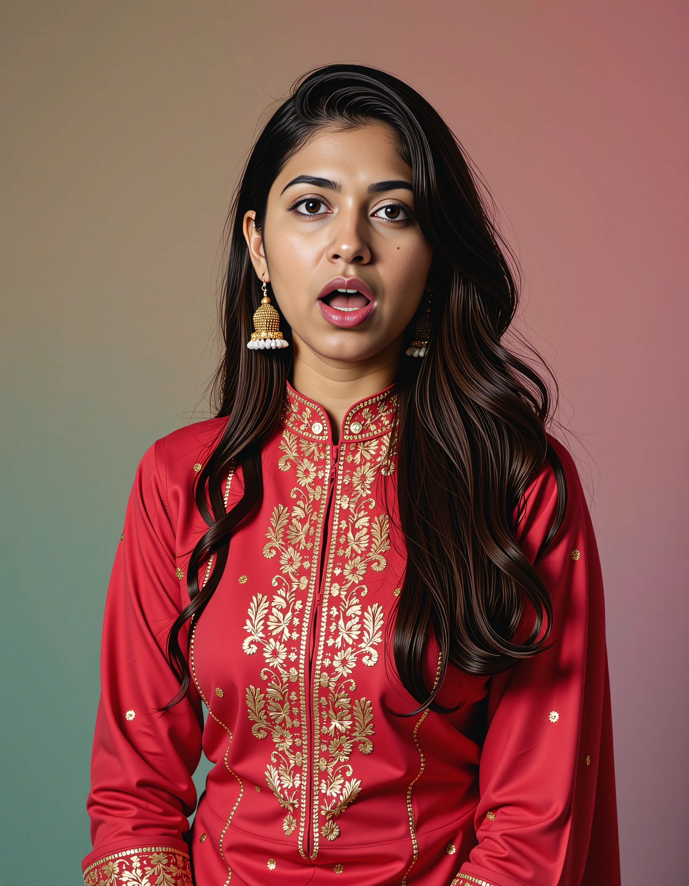 headshot photo of de51 medium woman, thin waist with hourglass figure, hyper realistic candid photo, mouth open in surprise,studio quality, wearing intricate conservative turtleneck Crimson Mekhela Chador (Assamese traditional attire), curls, pastel shaded multicolored background, cinematic lighting, <lora:Desi_Coffee_Flux_Kohya_LoRA_v3:0.8>âââ
