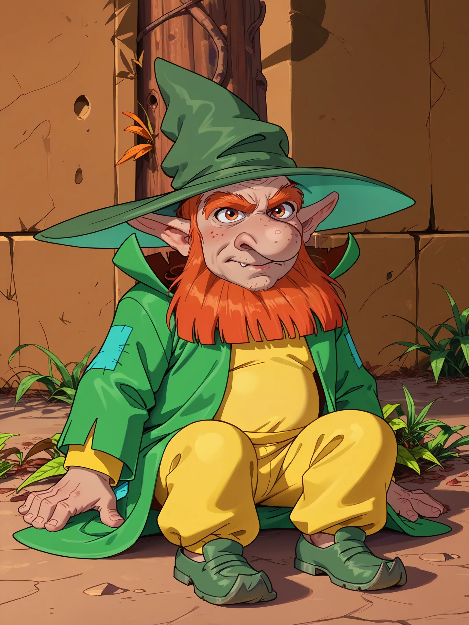 <lora:Artist_Style_-_LilBoots_PDXL:1> lilboots-dhscore_9, score_8_up, score_7_up, score_6_up,
<lora:Dwarf_-_Simsala_Grimm_-_Snow_White_and_Rose_Red:0.8> dwarf-simgrim, 1boy, gnome, pointy ears, bulbus nose, bushy eyebrows, red hair, beard, green hat, witch hat, green cloak, high collar, blue patch, yellow shirt, yellow pants, green shoe, size difference