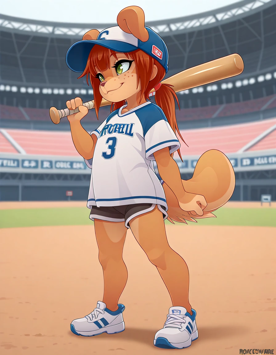 masterpiece, best quality,
outdoors, stadium,
full body,long eyelashes,smile, sportsware,baseball cap,baseball bat,
<lora:Rocketgirl_v01_ILXL:1>,
Rocketgirl, 1girl, solo, animal ears, furry female, tail, brown hair, long hair, green eyes, bangs,freckles, brown fur,full body, sidelocks, twintails, two-tone fur,