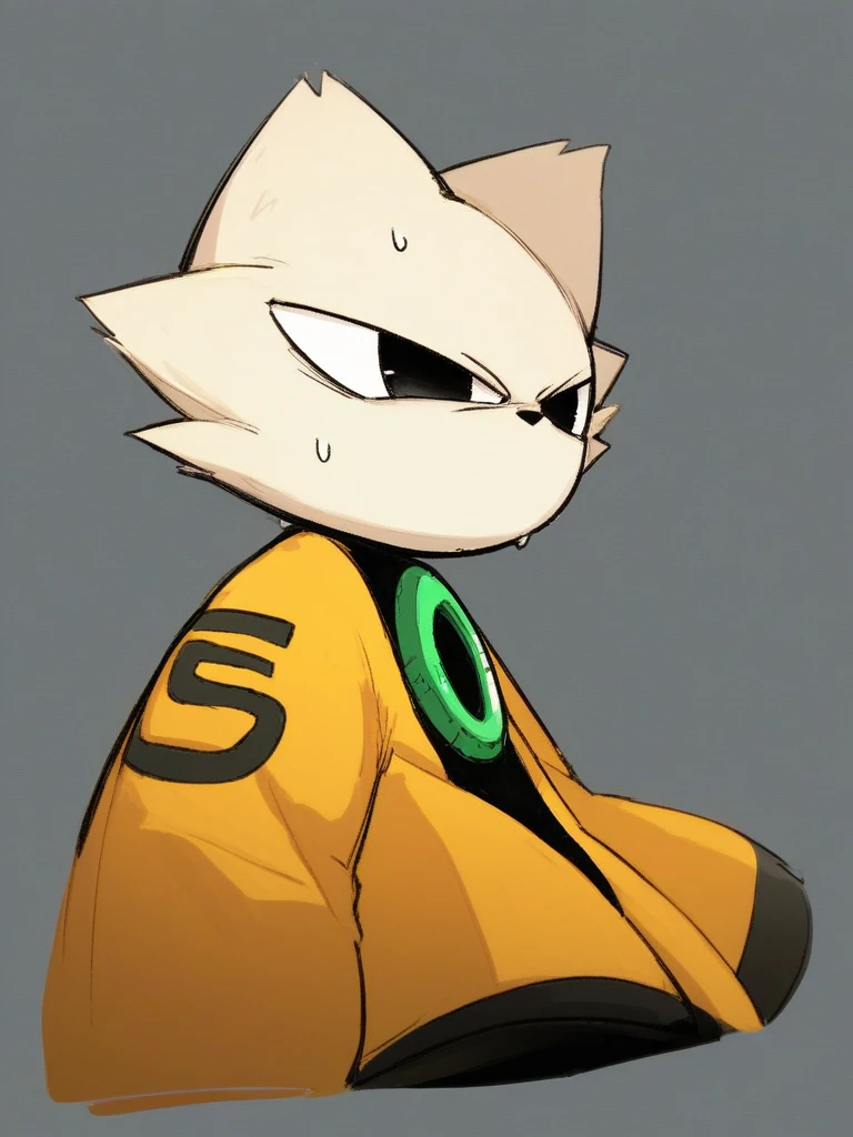 score 9, score 8 up, score 7 up, score 6 up, score 5 up, score 4 up,
yi, nine sols, ingame, feline, solarian, anthro, solo, male, looking to the side, side view, angry, sweat, sweatdrop, white fur, black eyes, cat ears, clothes, black body, green ring on chest, yellow coat, long sleeves, simple background