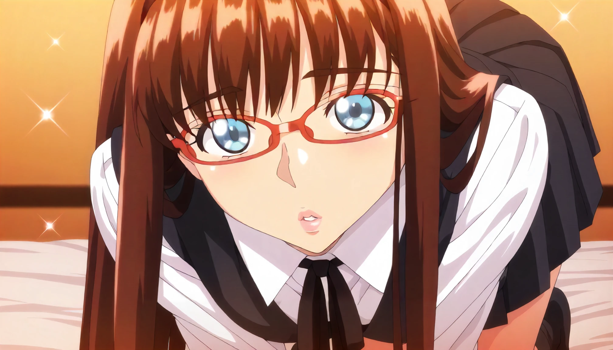 <lora:MnM_kawashima_hitomiXLIllustrious001>,
masterpiece,best quality,good quality,newest,
glitter,
parted lips,
looking at viewer,
solo,
anime coloring,
kawashima_hitomi\(megane_no_megami\),1girl,brown hair,long hair,hair band,blue eyes,pink lips,red-framed_eyewear,
white shirt,collared_shirt,black vest,black ribbon tie,pleated_skirt,black skirt,black socks,
all fours,