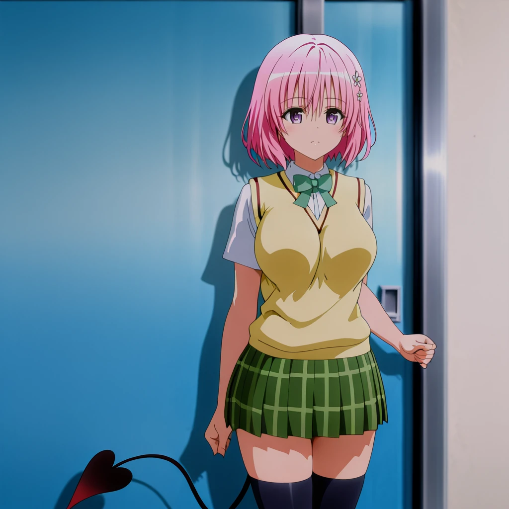 <lora:Momo_illustrious_v1:1> momo, momo velia deviluke, school uniform, pink hair, short hair, purple eyes, thighhighs, plaid skirt, hair ornament, 1girl, sweater vest, tail, green skirt, bow, pleated skirt, shirt, large breasts, cowboy shot