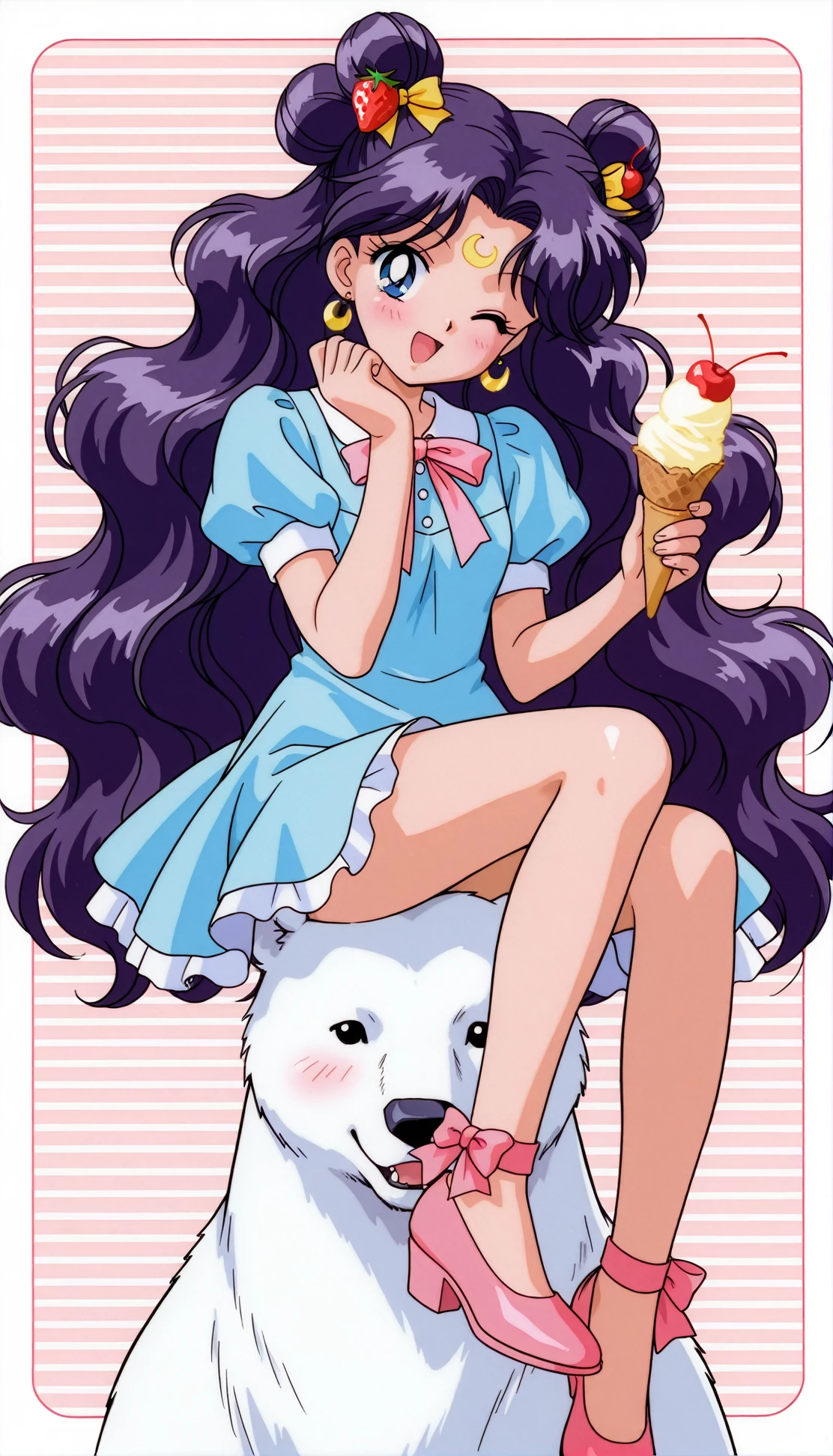masterpiece,best quality,amazing quality,lunaill,1990s (style),1girl,long hair,solo,crescent facial mark,crescent,facial mark,blue eyes,hair bun,very long hair,purple hair,double bun,parted bangs,cherry,food,one eye closed,fruit,open mouth,smile,;d,striped background,polar bear,pink footwear,bear,strawberry,shoes,striped,bow,hair ornament,looking at viewer,sitting,ice cream,ribbon,blush,food-themed hair ornament,hair ribbon,dress,<lora:lunaill:0.8>,
