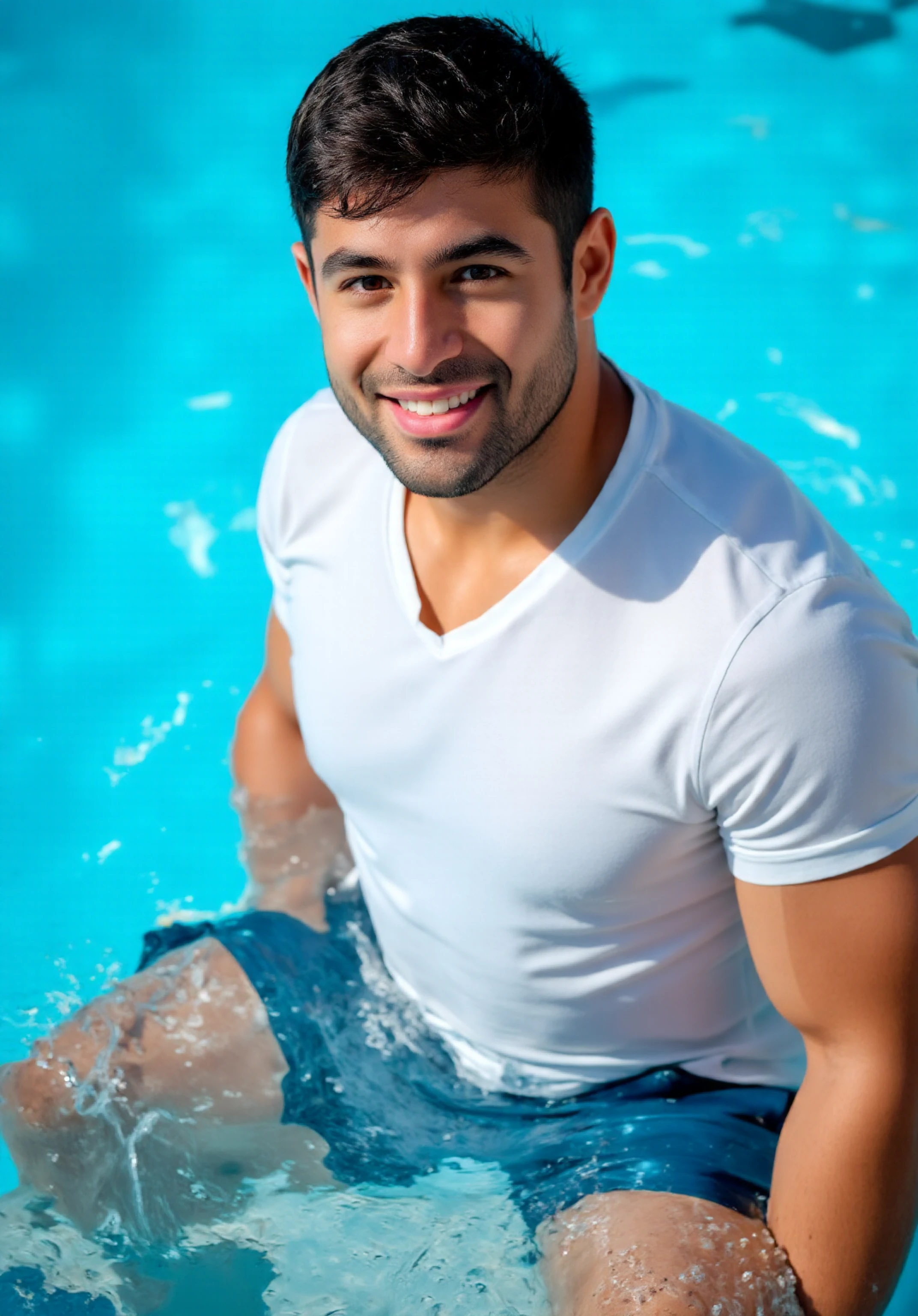 male Age 28 swimwear lifeguard topless smile