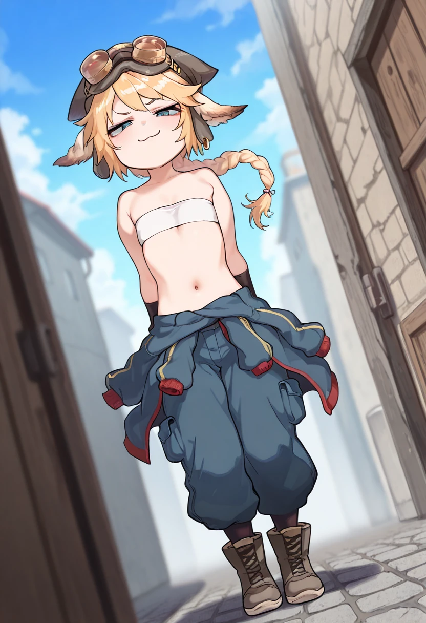(masterpiece,best quality,amazing quality:1.2), detailed background, depth of field, outdoors, (dutch angle:1.3),
BREAK
(1girl, solo), (mariannegt, blonde hair, long braid, animal ears, blue eyes), smug, smile, standing,
BREAK
bandeau, bare shoulders, gloves, cargo pants, navel, jacket around waist, boots, goggles on headwear,
BREAK
(flat chest:1.1),
<lora:ahemaru_777:0.5>
<lora:StS-Illustrious-Detail-Slider-v1.0:1>
<lora:Atte_Nanakusa IL:0.5> Atte_Nanakusa
<lora:Artist Style(OA):0.2> <lora:Marianne_Guardian_Tales:1>
