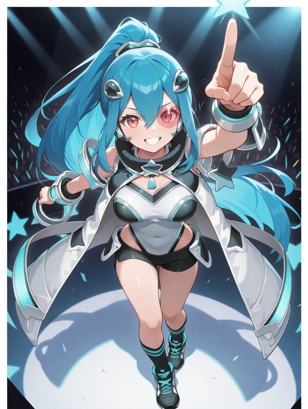 (diorama,miniature,isometric),from above,<lora:Isometric Concept illuXL v1.2:0.65>,white background,
ponytail,pointing,open mouth,1girl,finger gun,blue light ray,solo,looking at viewer,star \(symbol\),medium breasts,black shorts,black socks,black sneakers,white highleg leotard,tinted eyewear,argostars - glorious adra,white coat,black hair ornament,black hairset,white wrist guards,one eye covered,concert,teeth,grin,white border,
masterpiece,best quality,amazing quality,very aesthetic,absurdres,newest,<lora:Argostars - Glorious Adra illuXL v1:0.7>,