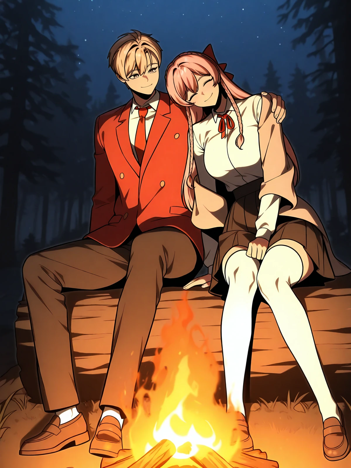 ed_rothstaylor, blonde hair, short hair, grey eyes, 1boy, red necktie, white shirt, academy school uniform, red blazer, black pants, looking at another, smile, arm over girl shoulder <lora:Ed_Rothstaylor:0.8>, sit, sitting on log, BREAK janica_faylover, pink hair, long hair, crown braid, side braids, closed eyes, 1girl, braid, white shirt, , black skirt,large , twin braids, academy school uniform, red hair bow, red neck ribbon, shawl, black skirt, pleated skirt, white thighhighs <lora:Janica_Faylover:0.8>, happy smile, closed mouth, gentle smile, head on another's shoulder, sit, sitting on log, BREAK side by side, couple, outdoors, forest, campfire,night,masterpiece, best quality), amazing quality, absurdres, highres, newest, HDR, 8K, solo, girl
