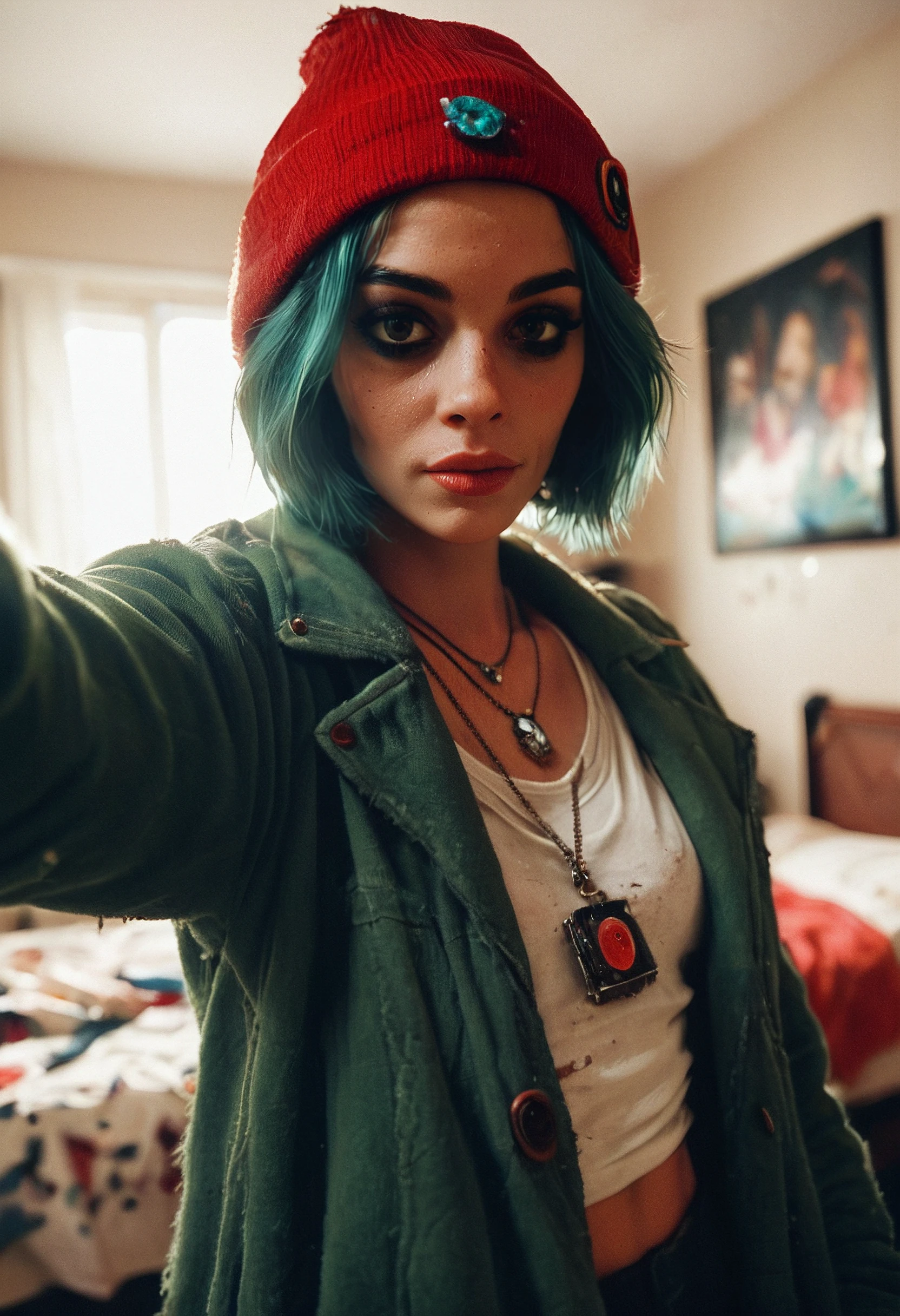 score_9, score_8_up, score_7_up, woman, rare angle selfie, messy bedroom, clutter, makeup, short hair, beanie, wearing jacket, necklace, low light, film grain, raw, amateur, grainy, amateur, lowres, 2000s nostalgia, <lora:AmateurStyle_v3_PONY_REALISM:0.85>