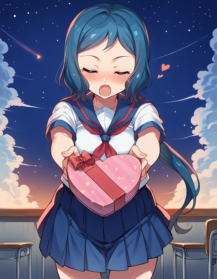 score_9, score_8_up, score_7_up, source_anime, <lora:iori-rinko-ponyxl-lora-nochekaiser:1>, iori rinko, blue hair, blue eyes, sidelocks, medium breasts, <lora:heart-shaped-box-ponyxl-lora-nochekaiser:1>, heart-shaped box, holding, box, gift, valentine, incoming gift, closed eyes, blush, open mouth, outstretched arms, outdoors, night sky, clouds, shouting, classroom, serafuku, school uniform, white shirt, blue sailor collar, blue skirt, pleated skirt, short sleeves, neckerchief, red neckerchief,