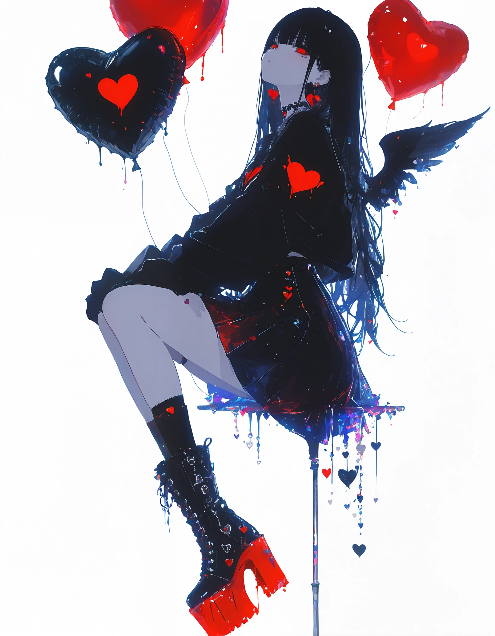 r17329_illu,masterpiece, newest,absurdres, incredibly absurdres,1girl, wings, heart, solo, long hair, skirt, socks, white hair, bandaid, black skirt, angel wings, bangs, looking at viewer, platform footwear, black footwear,foreshortening ,  <lora:r17329_illu-000015:1>