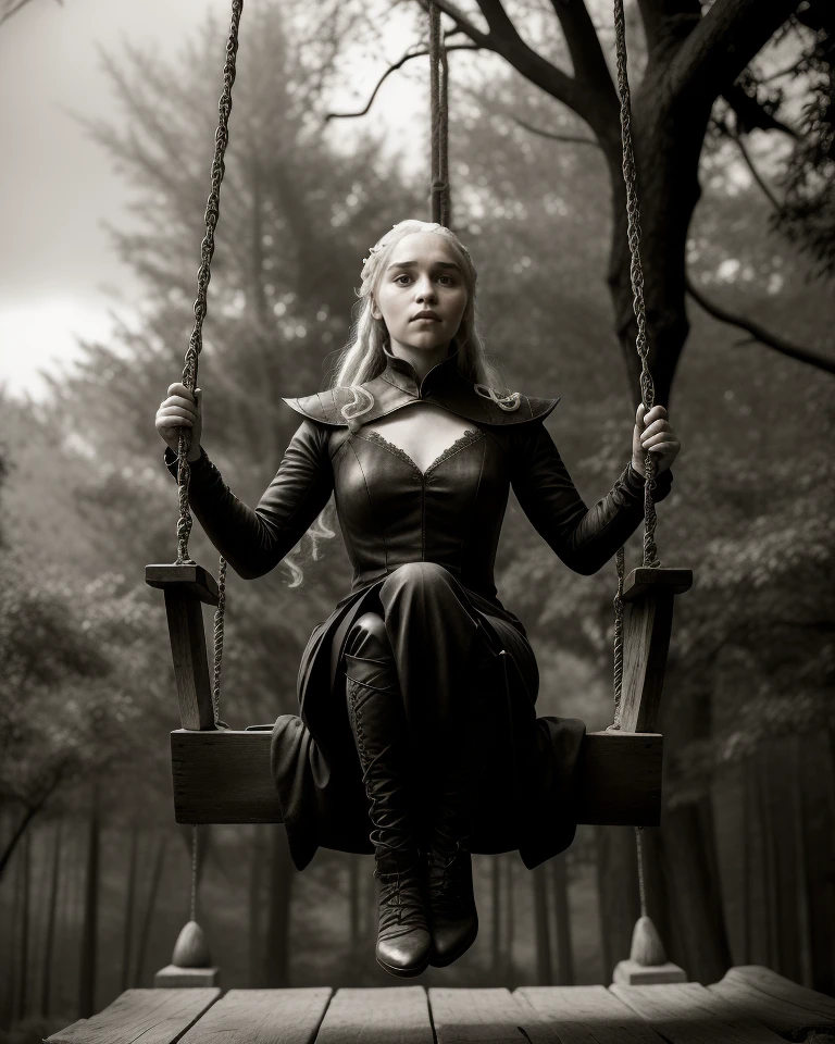 gothic style masterpiece, high score, great score, absurdres, 1girl, <lora:GOTemiliaClarkeQuiron_v07i02e15t05nr77na77ada_Lora:1> gotemiliaclarkeQuiron, a dark background. Spotlight illumination. Seated on a wooden swing suspended from a tall tree, she savors the simple joy of a gentle breeze, . dark, mysterious, haunting, dramatic, ornate, detailed