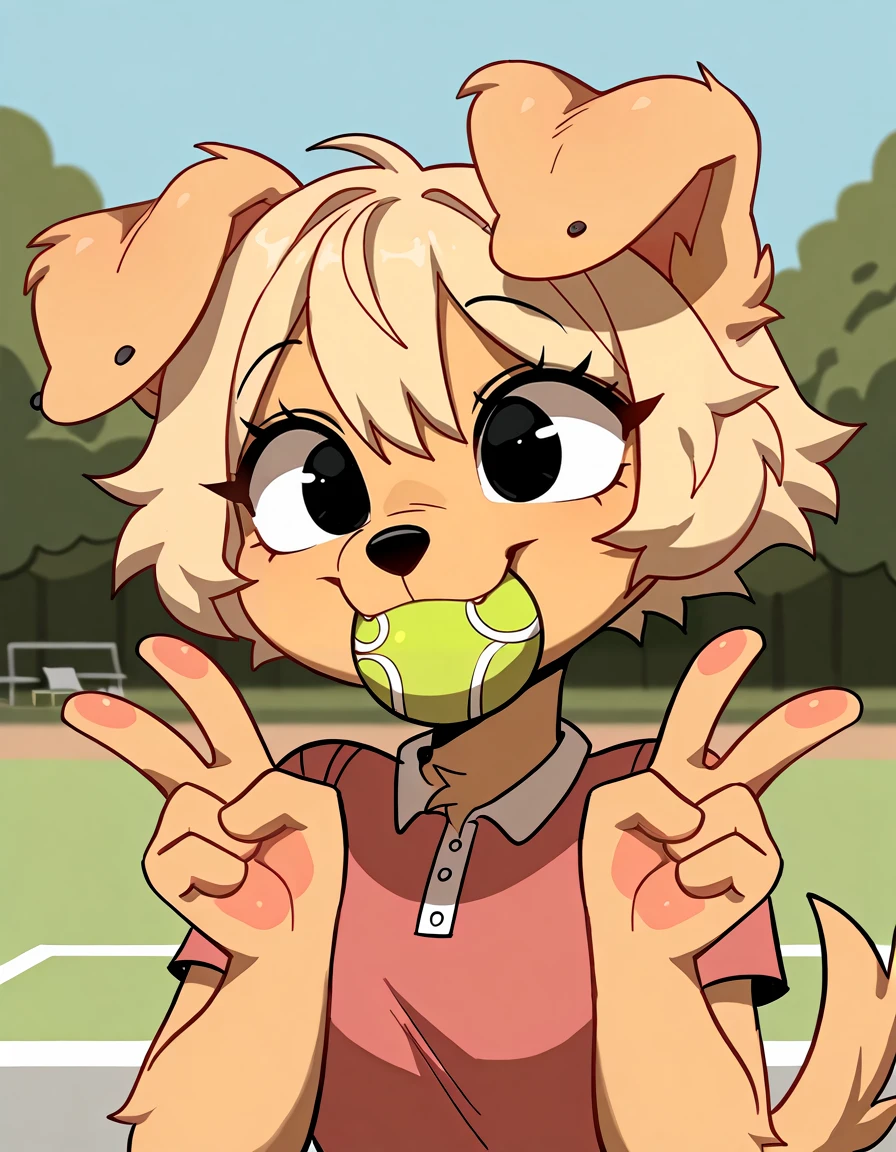 masterpiece, best quality,
outdoors,park,
upper body,long eyelashes,happy, tennis ball in mouth,double v,
<lora:Bherri_v01_ILXXL:1>,
Bherri,1girl,solo,furry female,dog girl,dog ears,dog tail,short hair,blonde hair,bangs,body fur,brown fur,two-tone fur,animal nose,black eyes,