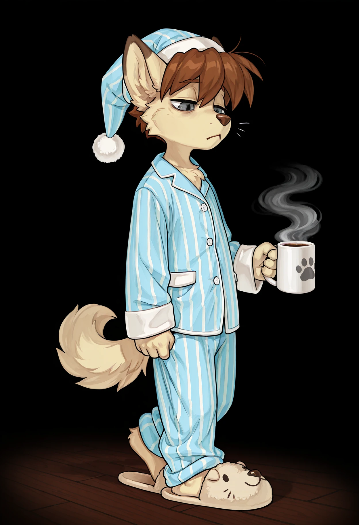 masterpiece, best quality, amazing quality, very aesthetic, high resolution, waffletc, full body, 1boy, solo, furry male, dog boy, grey eyes, (brown hair:0.4), animal ears, animal nose, whiskers, tail, body fur, blue pajamas, striped pajamas, slippers, nightcap, vertical stripes, eyebags, sleepy, half-closed eyes, :<, grumpy, holding coffee, mug, standing, walking, slouching, steam, simple background, (black background, wood floor:1.1)