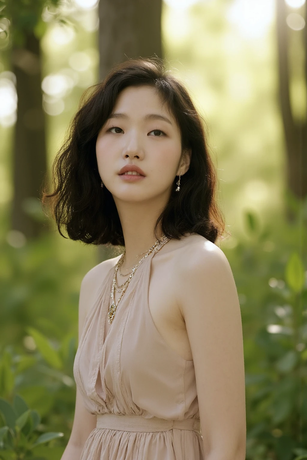 asian lady wear color bra, necklace, small breast, rounded shape breast, ((she)), ((mid-shot, full body, slender waist)), Hair Up Do、 Glowing eyes, nose blush, Carl Larsson, Alfonse Mucha, Chiaroscuro, Film Glenn, reflective light, (((mid-Shot))), waist to top,longshot show full body, masterpiece, high details, sun light on her, leaf shading, ((lean forward )) ,