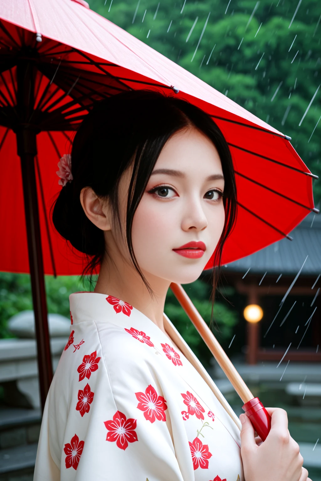 score_9,score_8_up,score_7_up,dynamic_angle,Upper Body,1girl,looking_at_viewer,cute:1.2, kimono,makeup,red_lips,outdoors,kyoto temple,blurry_background,raining,red oil-paper_umbrella,one-length haircut