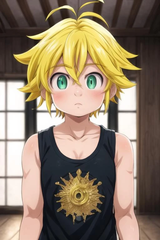 masterpiece, best quality, high quality, 1boy, solo, male focus, looking at viewer, , depth of field, <lora:meliodas_nanatsu_no_taizai:0.76>, meliodas_nanatsu_no_taizai, blonde hair, green eyes, tank top