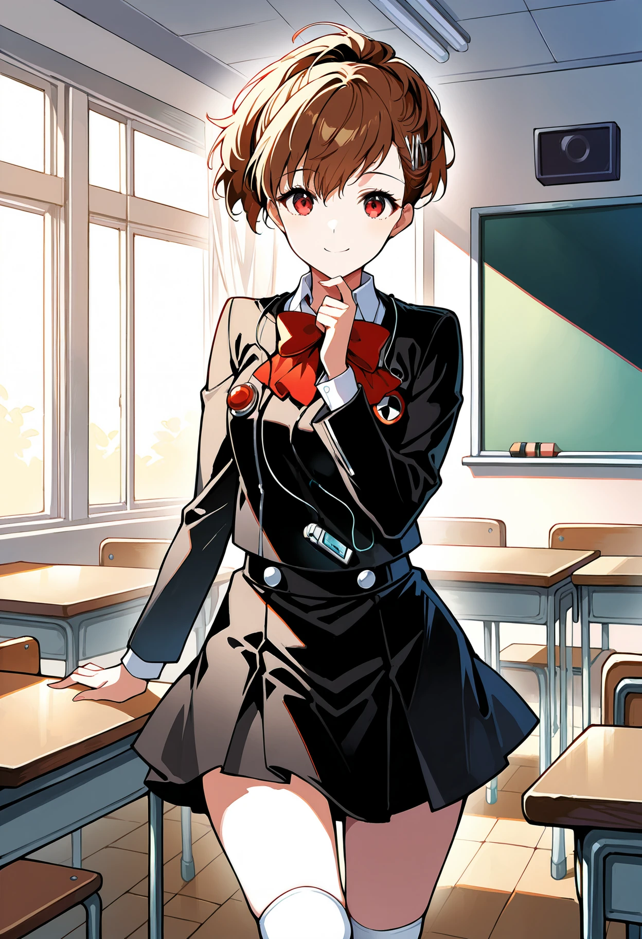(masterwork, masterpiece, best quality, hyper-detailed :1.1),
1 girl, solo,
p3kotone, ponytail, shiomi kotone, brown hair, short hair, hair ornament, hairclip
p3kotone-winuni, gekkoukan high school uniform, skirt, jacket, black jacket, long sleeves, kneehighs, black skirt, red bow, white socks, brown footwear, headphones, digital media player,
classroom, looking at viewer, smile, standing, cowboy shot, thighs, finger on chin,