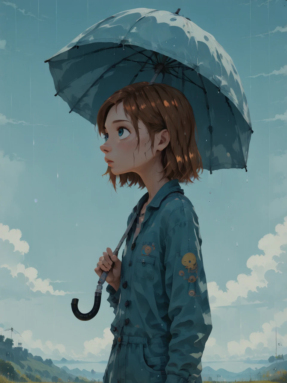 score_9, score_8_up, score_7_up, score_6_up, BREAK, R1l3y, 1girl, solo, short hair, blue eyes, brown hair,
long sleeves, holding, upper body, outdoors, sky, day, cloud, from side, blue sky, profile, umbrella, cloudy sky, looking up, scenery, rain, blue theme, water drop, holding umbrella, parasol, surreal, sky print, 3xpr3ss10n1st_style,
<lora:Riley_AndersenV4:0.8> <lora:Abstract_Expressionist_Style:1>