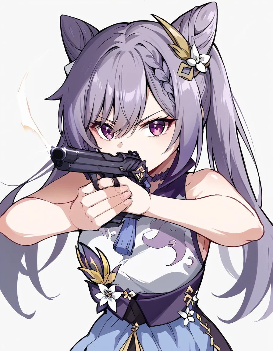 score_9, score_8_up, score_7_up, source_anime, <lora:genshin-keqing-ponyxl-lora-nochekaiser:1>, keqing, braid, cone hair bun, hair bun, hair ornament, long hair, purple eyes, purple hair, medium breasts, <lora:center-axis-relock-stance-ponyxl-lora-nochekaiser:1>, center axis relock stance, looking at viewer, holding, closed mouth, weapon, holding weapon, gun, holding gun, handgun, aiming, finger on trigger, aiming at viewer, m1911,, ,
