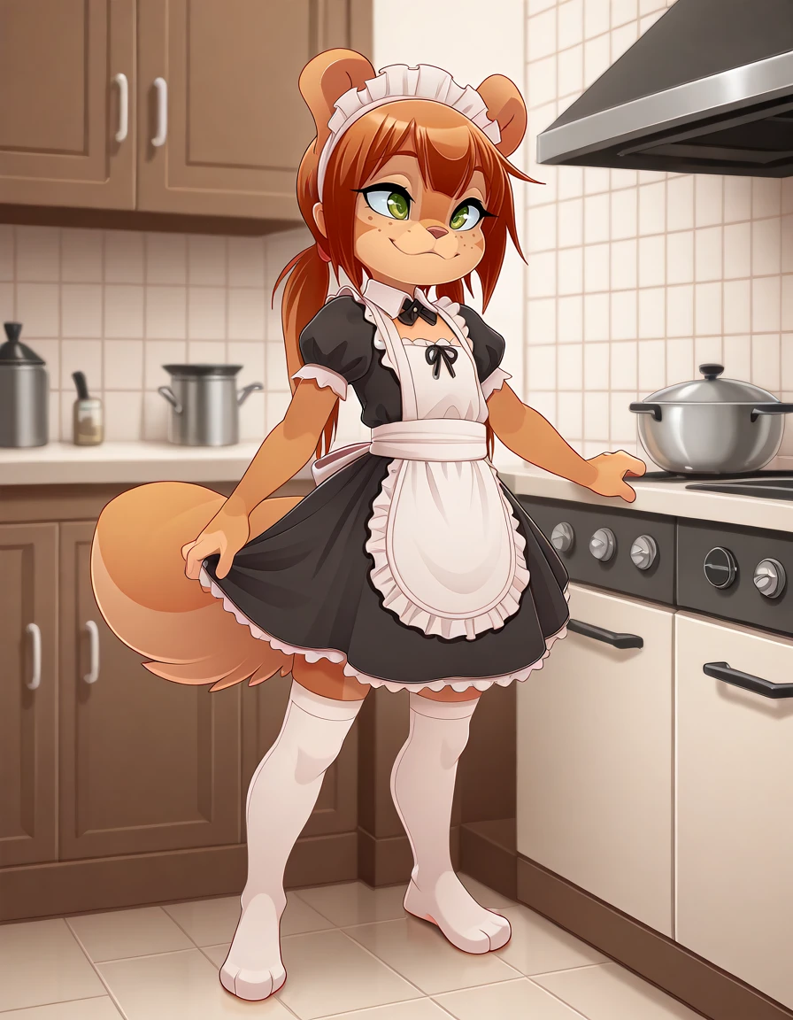 masterpiece, best quality,
indoors,kitchen,
full body,long eyelashes,smile, maid,white thighhighs, maid headdress,
<lora:Rocketgirl_v01_ILXL:1>,
Rocketgirl, 1girl, solo, animal ears, furry female, tail, brown hair, long hair, green eyes, bangs,freckles, brown fur,full body, sidelocks, twintails, two-tone fur,