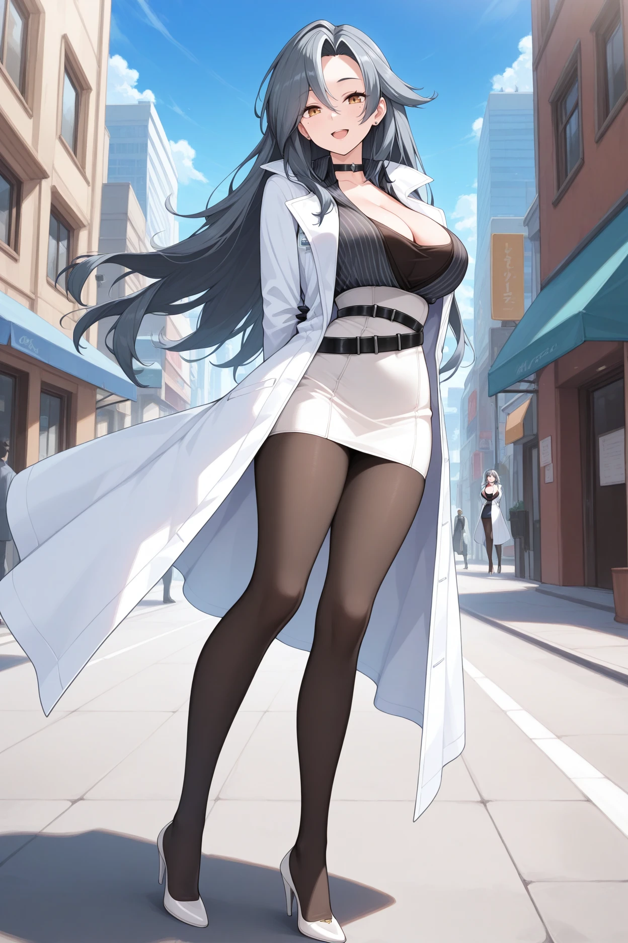 cute girl,(((1girl))),((anime girl with extremely cute and beautiful black hair walking seductively down the street)),
(Large breasts:1.4),(((black hair:1.35,colored inner hair,ear breathing,large hair,tomboy haircut))),((green eyes,perfect eyes,upturned eyes:1.3,beautiful detailed eyes,finely detailed beautiful eyes:1,big highlight on eyes:1.2,slanted eyes)),((fat)),((lustrous skin:1.5,bright skin: 1.5,skin tanned,shiny skin,very shiny skin,shiny body,plastic glitter skin,exaggerated shiny skin))),(spider lower abdomen,narrow waist,wide hip,athletic body,inflated legs,delicate detailed fingers,detailed body,detailed arms,human hands(detailed face)),
cute,slutty,seductive,erotic,(((nsfw))),
((((glasses)))),(((wearing white formal blazer,black formal pants,))),(((huge cleavage))),(detailed outfit,detailed clothes),
(dynamic pose:1.0),solo focus,embarrassed,centered,scale to fit dimensions,Rule of thirds,
outdoors,((night view)),(cyberpunk night street Background: 1.5,dark sky,alleyway,lonely alley,thick clouds,detailed background:1.25),
(best quality),(high resolution),(sharp focus),(ultra detailed),(extremely detailed),(extremely high quality artwork),8k_wallpaper,(extremely detailed CG 8k),(very fine 8K CG),((hyper super ultra detailed perfect piece)),flawless,(((masterpiece))),illustration,vibrant colors,(intricate),High contrast,Selective lighting,Double exposure,HDR (High Dynamic Range),Post-processing,Background blur,