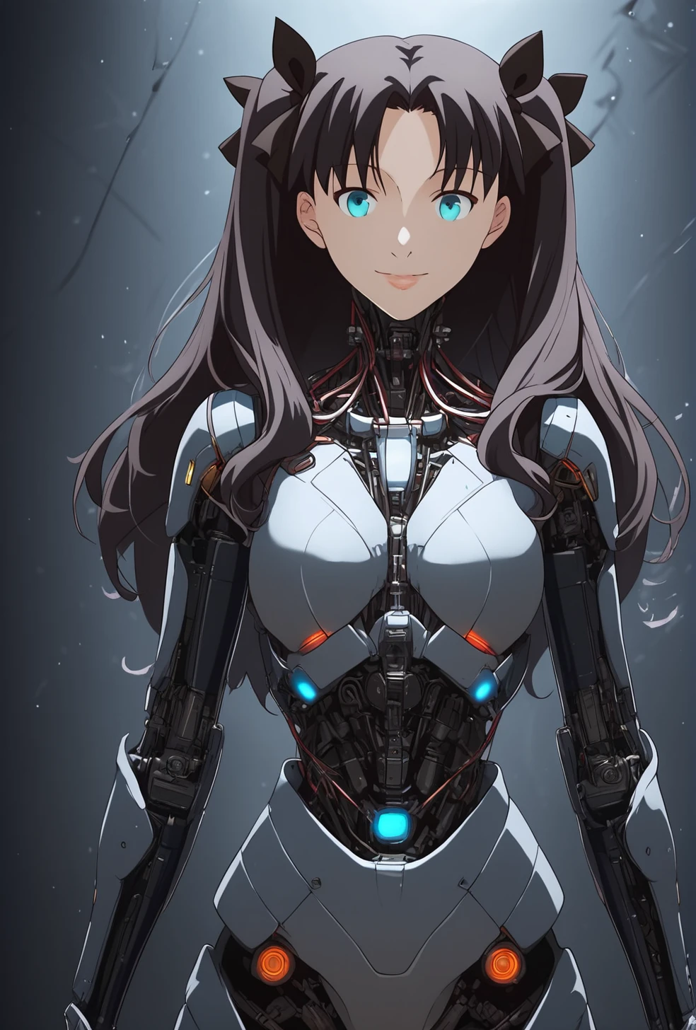 1girl, solo, anime, score_9, score_9_up, source_anime, <lora:rin-tohsaka-emiyachi-ponyxl-lora-nochekaiser:1> rin tohsaka, long hair, 1girl, tohsaka rin, solo, black hair, blue eyes, smile, two side up, ribbon, hair ribbon, looking at viewer <lora:SemiRobo:1> semirobo, science fiction, lips, cable, robot joints, android, robot, bodysuit, glowing, mechanical parts, standing, fullbody, <lora:Expressive_H:1.25> expressiveh