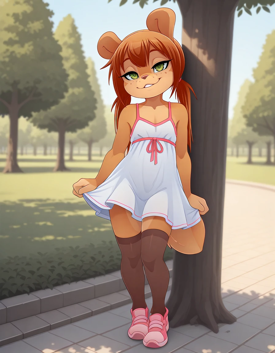 masterpiece, best quality,
outdoors, park, 
 full body,seductive smile,long eyelashes, parted lips,
sundress, thighhighs, 
Rocketgirl, 1girl, solo, animal ears, furry female, tail, brown hair, long hair, green eyes, bangs,freckles, brown fur,full body, sidelocks, twintails, two-tone fur,