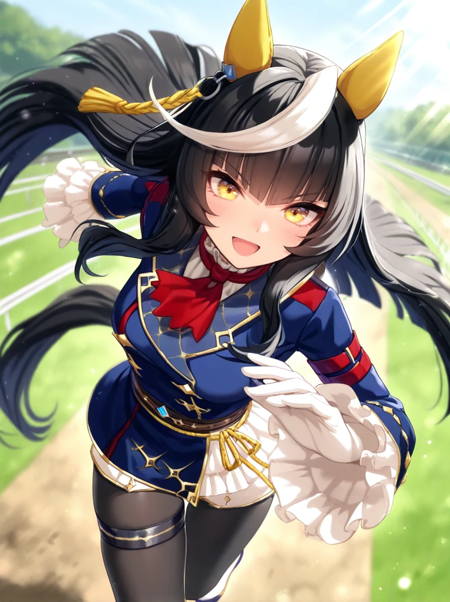 masterpiece, best quality, absurdres,ultra detailed hair,floating hair,
calstone light o\(umamusume\), 1girl, horse ears, white gloves, grey pantyhose, running, horse tail, full body, long sleeves, red ascot, yellow ear covers, asymmetrical white footwear, navy blue jacket, pantyhose under shorts, single garter strap, brown wasit belt, yellow wasit strap, white frilled shorts, white frilled wrist cuffs, white shirt formal, red armband, tassel ear ornament
open mouth, big smile,
cowboy shot,
light rays,lens flare,light particles,outdoors,motion blur, blur
<lora:ILL_calstone_light_o_ver0.6:1>