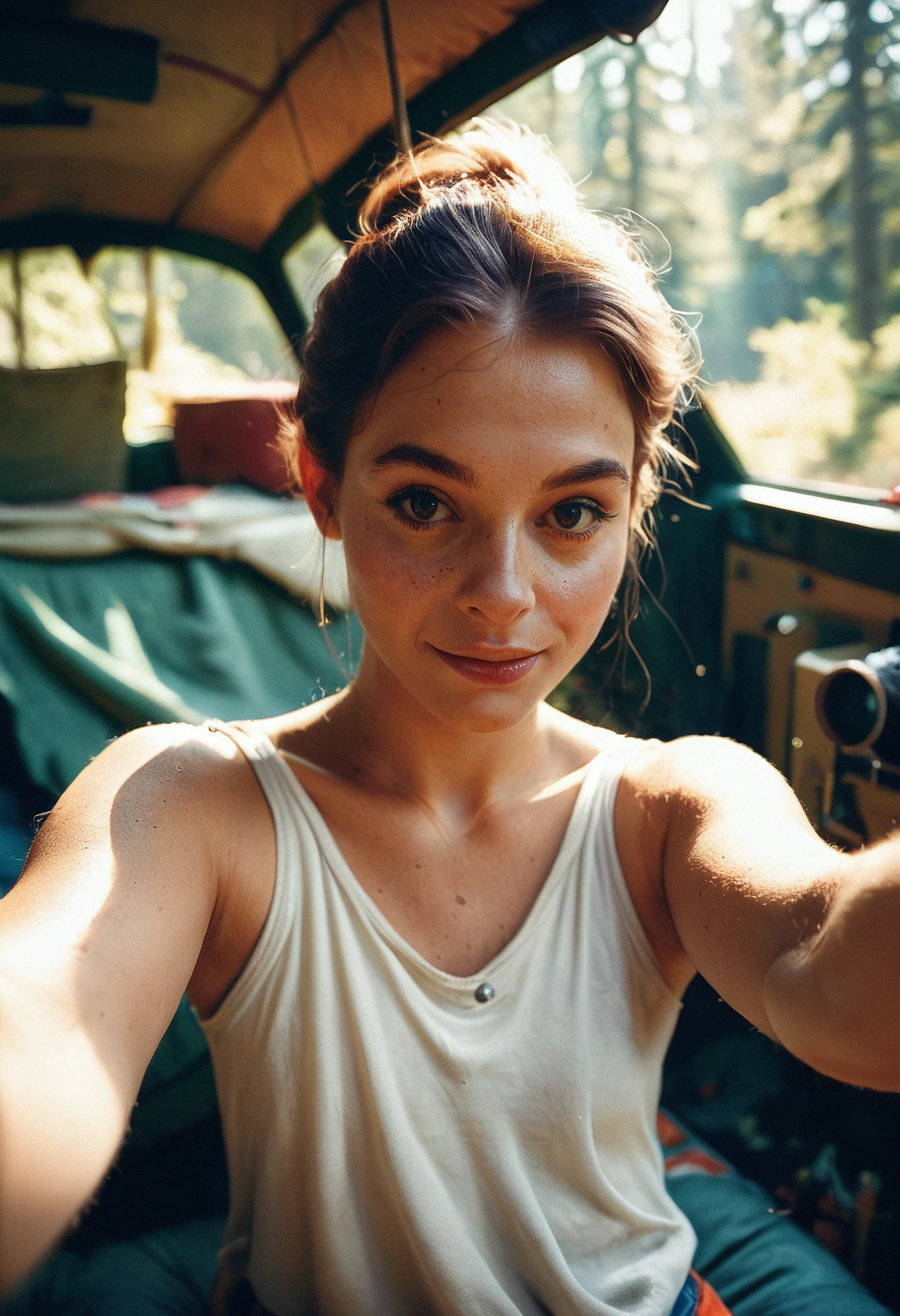 score_9, score_8_up, score_7_up, young woman, camping, selfie, nature, film grain, raw, amateur, grainy, amateur, lowres, 2000s nostalgia, <lora:AmateurStyle_v3_PONY_REALISM:0.85>