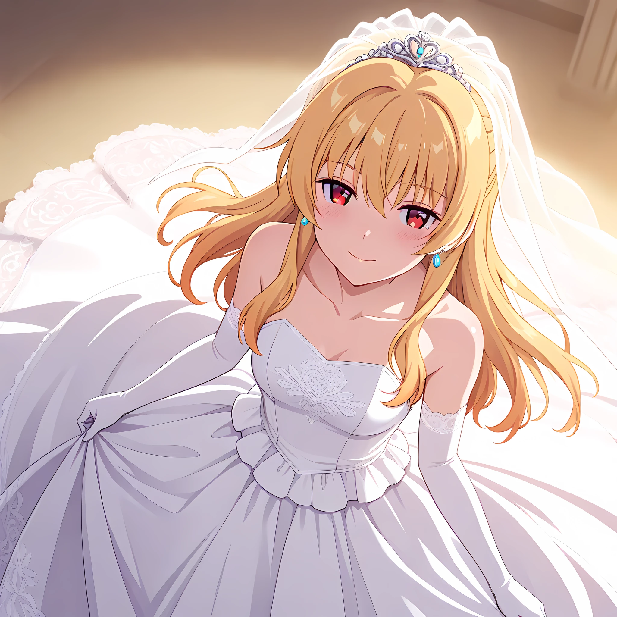 yue(arifureta), 1girl, blonde hair, solo, red eyes, dress, long hair, gloves, earrings, elbow gloves, white dress, jewelry, wedding dress, white gloves, blush, strapless, smile  <lora:Yue-Arifureta-IllustXL:1>, (masterpiece),(best quality),(ultra-detailed),(best illustration),(best shadow),(absurdres),(detailed background),(very aesthetic),