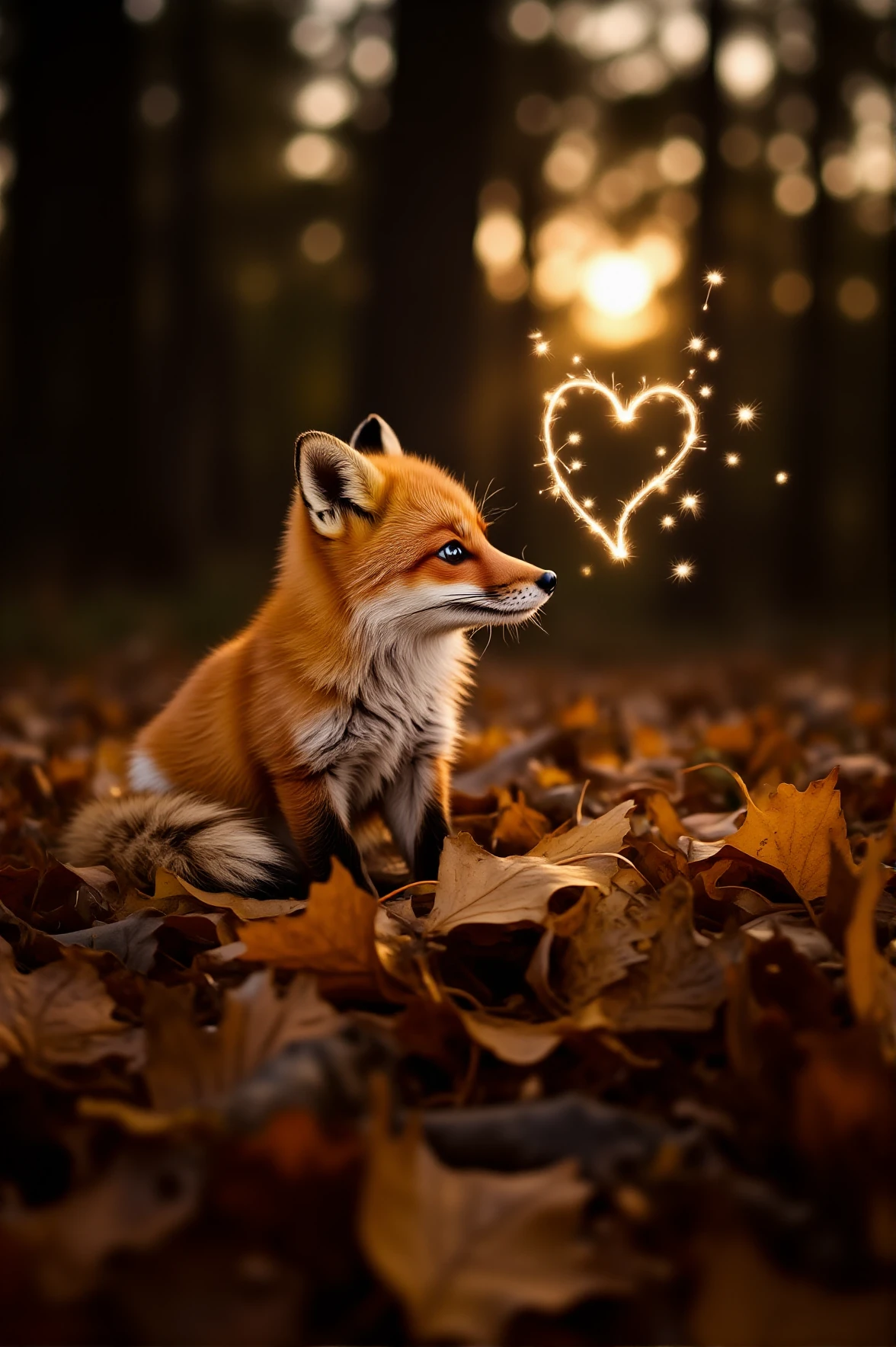 A tiny red fox sits in a pile of crisp autumn leaves, gazing at the fireflies dancing in the twilight air. Their lights flutter around the foxâs face, forming the outline of a heart-shaped glow. The scene is bathed in a warm, golden light as the last rays of the sun fade behind the trees.
<lora:paws-and-hearts-flux:1>