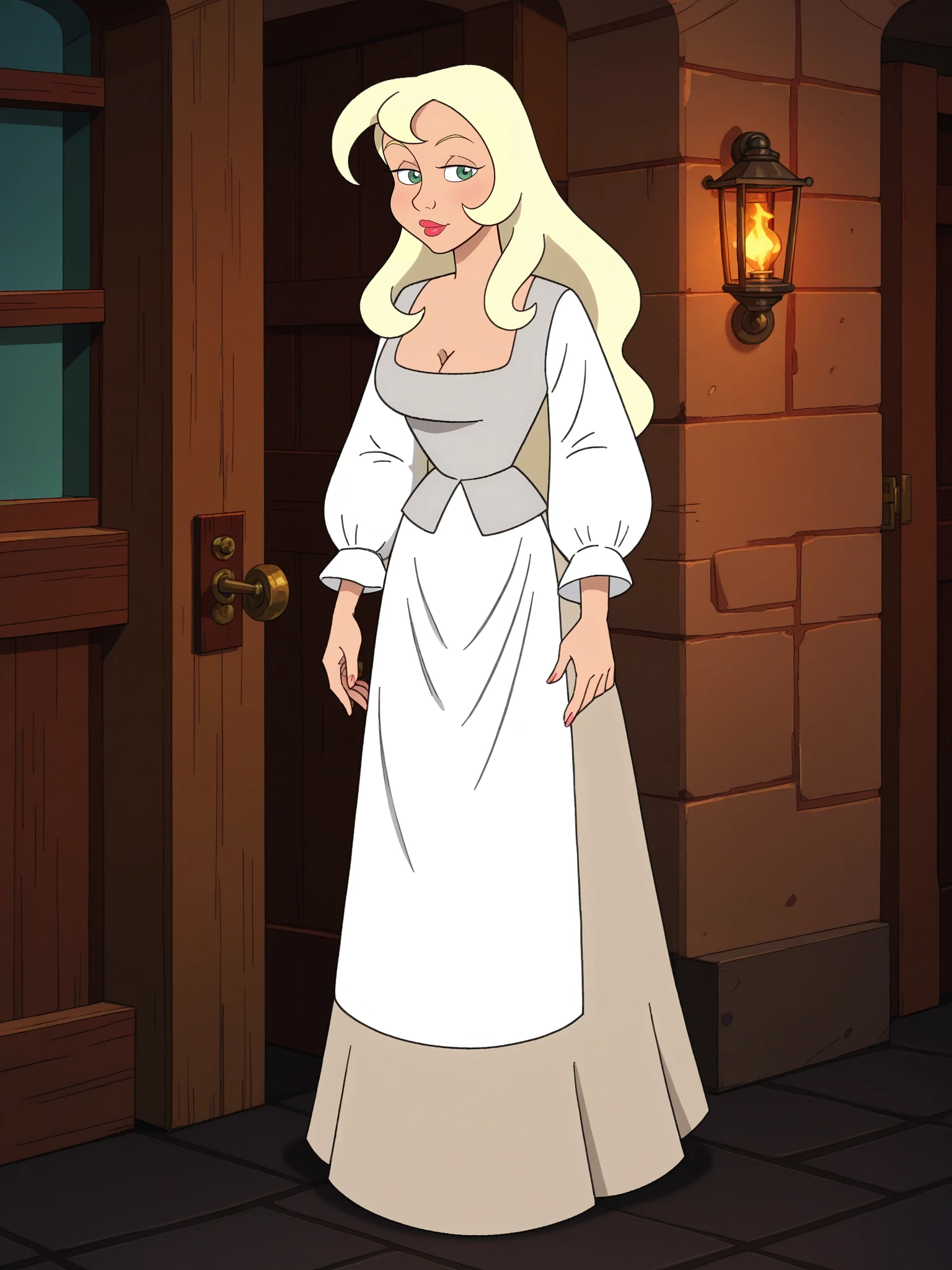 score_9, score_8_up, score_7_up, score_6_up,
<lora:Snow_White_-_Simsala_Grimm_-_Snow_White_and_Red_Rose:1> swhite-simgrim, 1girl, solo, blonde hair, long hair, green eyes, lipstick, tan skirt, apron, white shirt, puffy sleeves, grey corset, medium breasts, cleavage, full body