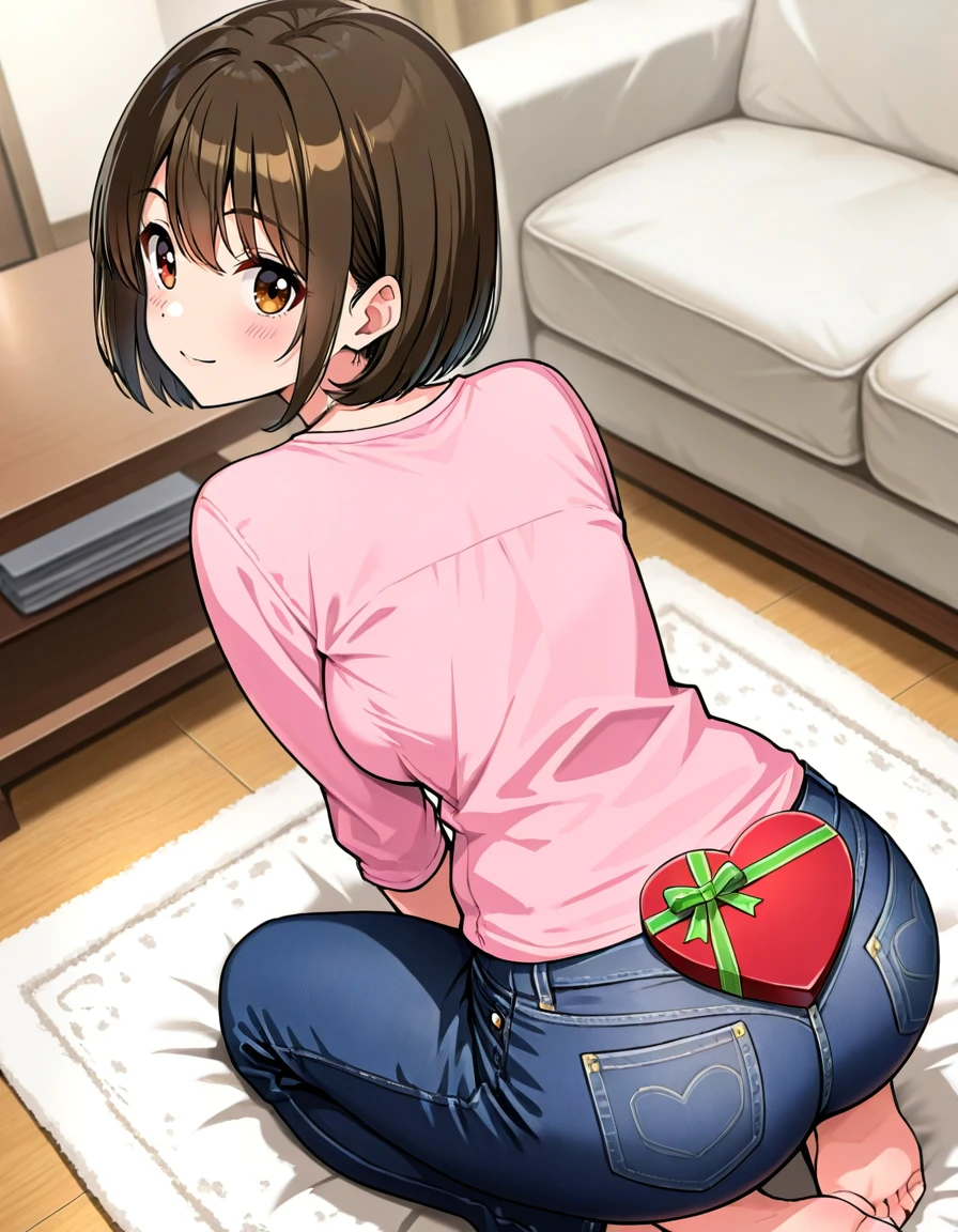 1girl, solo, general, from above, gift on ass, valentine, gift, gift box, heart-shaped box, from behind, looking back, leaning forward, sitting, seiza, short hair, bob cut, brown hair, medium breasts, pink shirt, jeans, standing, indoors, living room, masterpiece, highres, absurdres, very aesthetic, newest, best quality, good quality