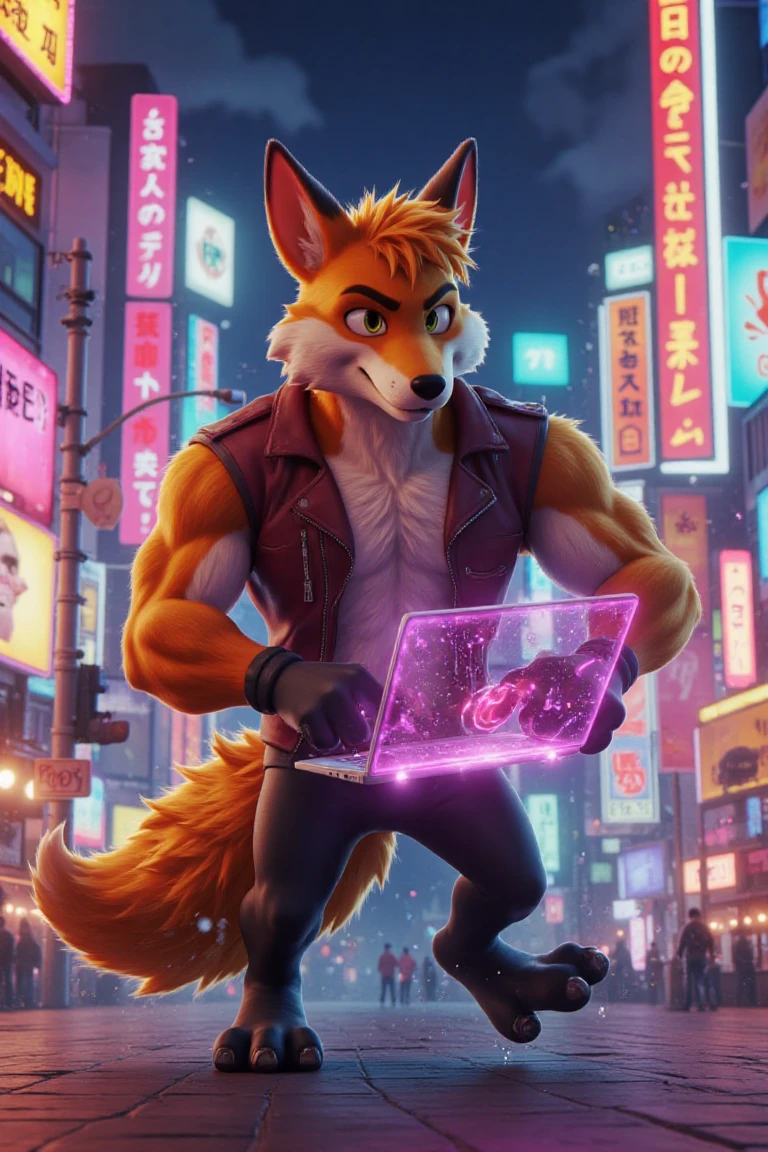 "Looney Tunes-style, 3D animated model, muscular anthropomorphic fox, male, adult, wearing a futuristic cyberpunk jacket, typing furiously on a holographic laptop in the middle of a glowing Tokyo street, exaggerated speed effect, Pixar-like fur, neon reflections, stylized high-tech cityscape in the background."