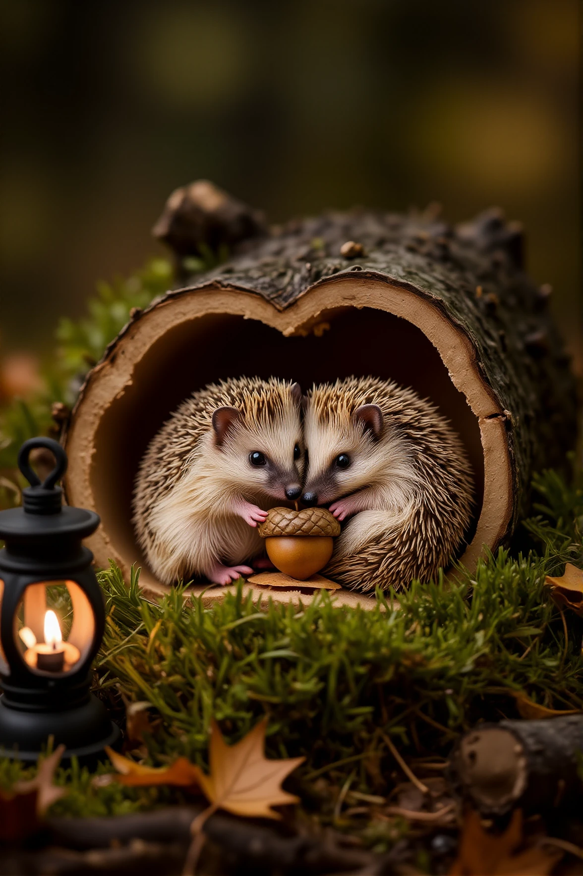 Two tiny hedgehogs curl up inside a hollowed-out log, nestled in a bed of soft, warm moss. One nudges a heart-shaped acorn cap toward the other, their little noses twitching. A flickering lantern nearby casts a golden glow over the scene as the wind rustles through fallen leaves.
<lora:paws-and-hearts-flux:1>