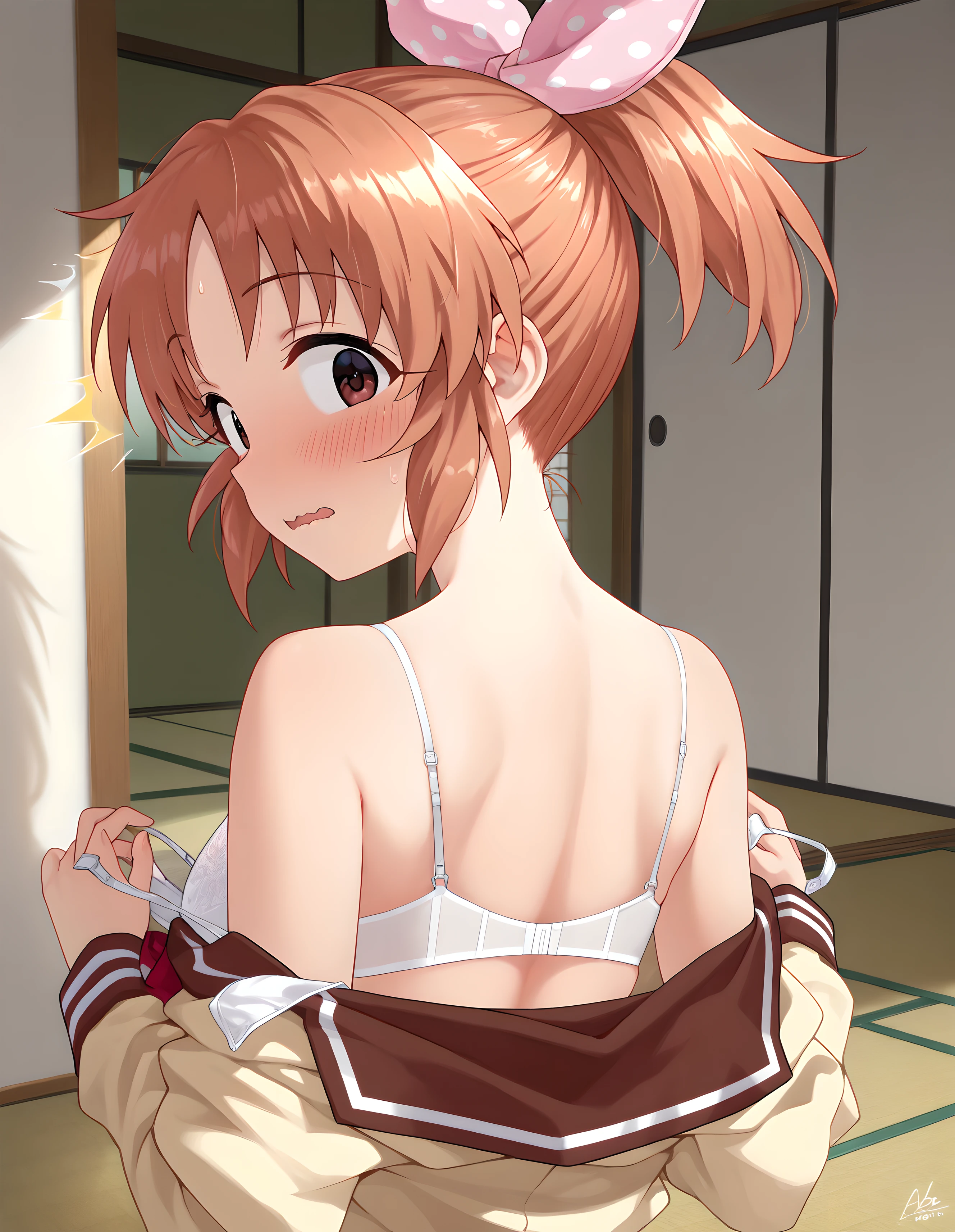 (Perfect body),Best Quality,16 K,Lori,blush,(Short hair), (((Orange Eyes))),((thick thight)),(((Pink hair))),Standing,Sweat,embarrassed from、(((small tits))), (((((Very big butt)))))、(((Wavy Hair))),Ahoge,(Green Hair Clip),(white knee-socks),(White Long_gloves)、((Pink gloves))、(((Pink scarf)))、flat chest、 (Spread legs),Wet、(((white leotard))),Sweat,((( short in stature))),(despairing)、((Arms behind your head))、(Torn clothes)、((on the beds))、(Tied wrists)、Looking at Viewer、((Surprised))、((is crying))、((:o))、((((Lying))))、(((((posterior view)))))、Showing your back、(from behind)、