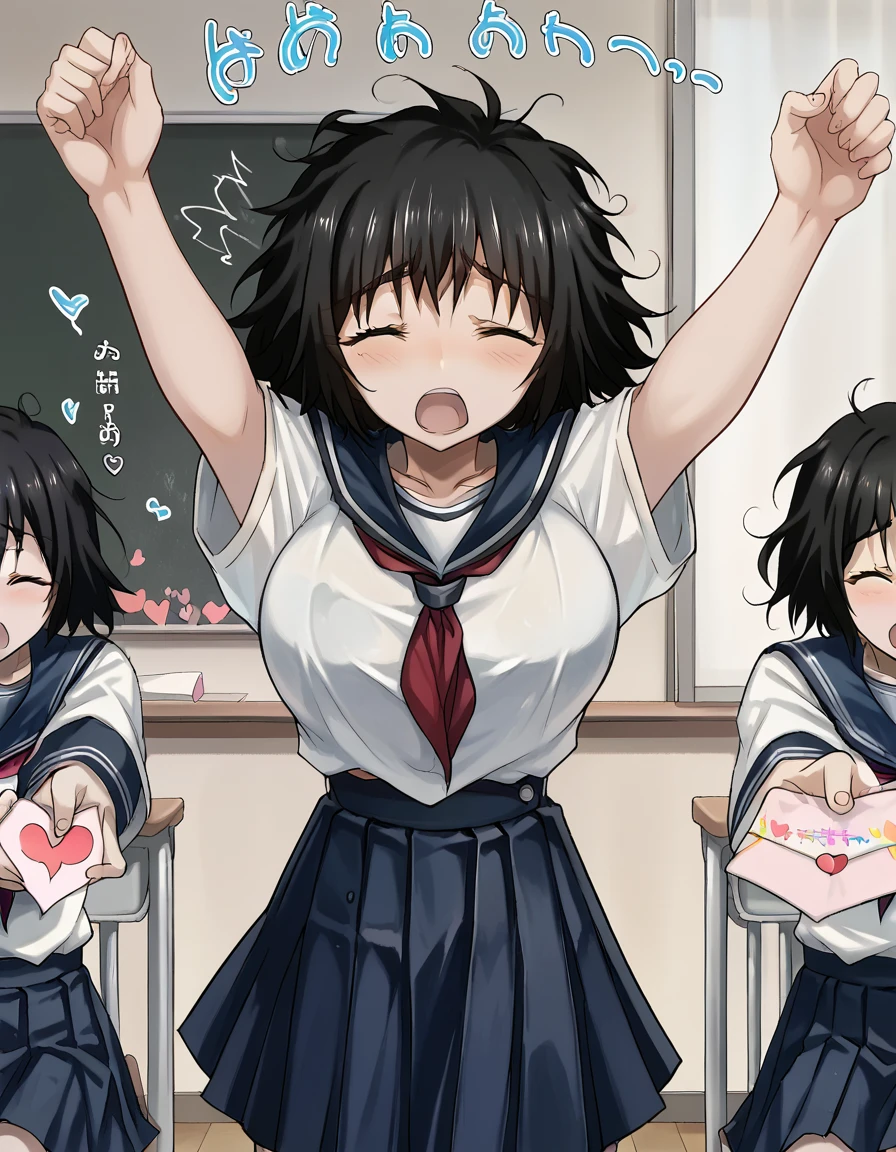 score_9, score_8_up, score_7_up, source_anime, <lora:mayuri-shiina-ingame-ponyxl-lora-nochekaiser:1>, mayuri shiina, black hair, green eyes, messy hair, short hair, large breasts, <lora:love-letter-ponyxl-lora-nochekaiser:1>, love letter, heart, valentine, letter, confession, incoming gift, outstretched arms, closed eyes, shouting, classroom, serafuku, school uniform, white shirt, blue sailor collar, blue skirt, pleated skirt, short sleeves, neckerchief, red neckerchief,