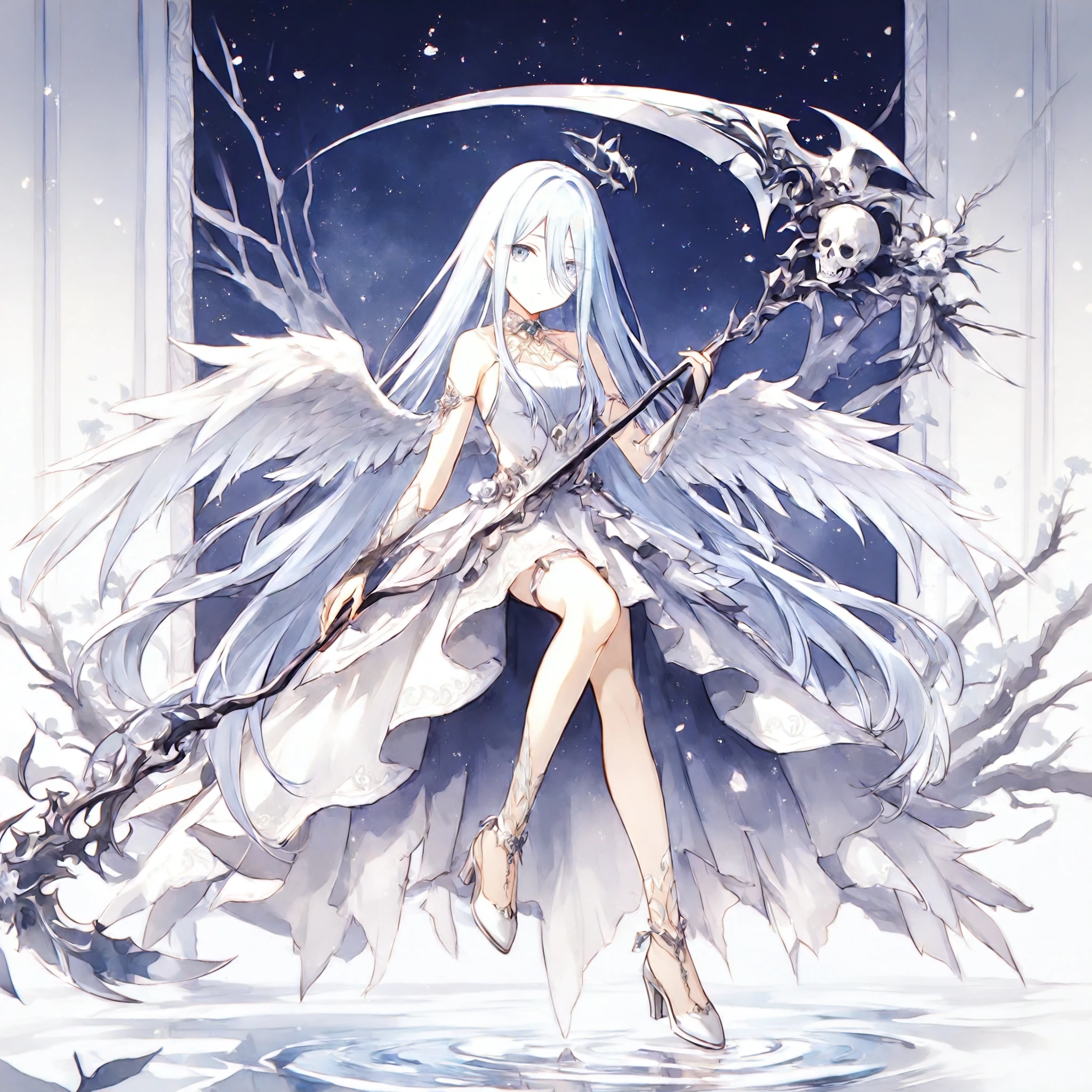 1girl, yoisaki kanade, project sekai, masterpiece, high score, great score, absurdres, (watercolor \(medium\):1.6),
blancheaile, very long hair, white hair, white eyes, (hair over one eye:1.2), four fingers and thumb, expressionless,
(white scythe:1.2), sitting on tree branch, looking at viewer, holding scythe, white skin, outstretched wings, BREAK
white dress, large white wings, low wings, angel wings, feathered wings, bridal gauntlets, sleeveless, white footwear, jewelry, bare shoulders, sleeveless dress, anklet, gloves, high heels,
monochrome, haze, water, branch, skeleton, born, ripples, reflection, plant, trees,
<lora:sdxl-25-BlancheAile01:0.9>, <lora:XL_Weapon_Scythe_-_By_HailoKnight_V2:1>