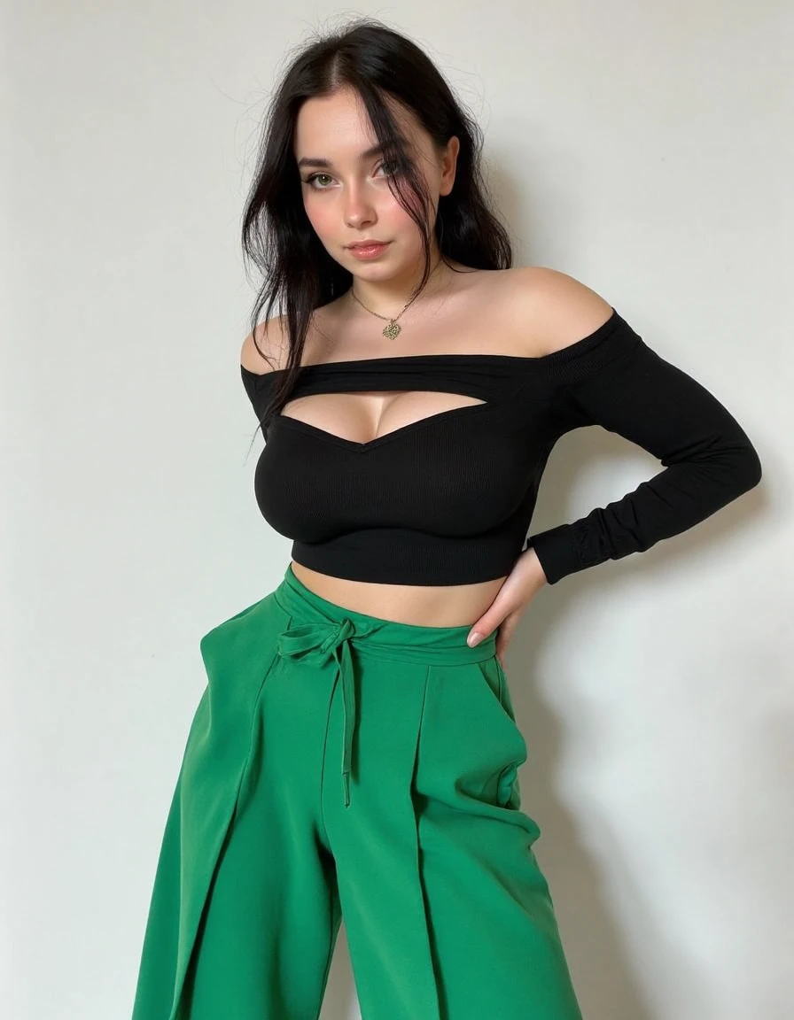 Show me a hot sexy girl with big weaeing a green top and jeans