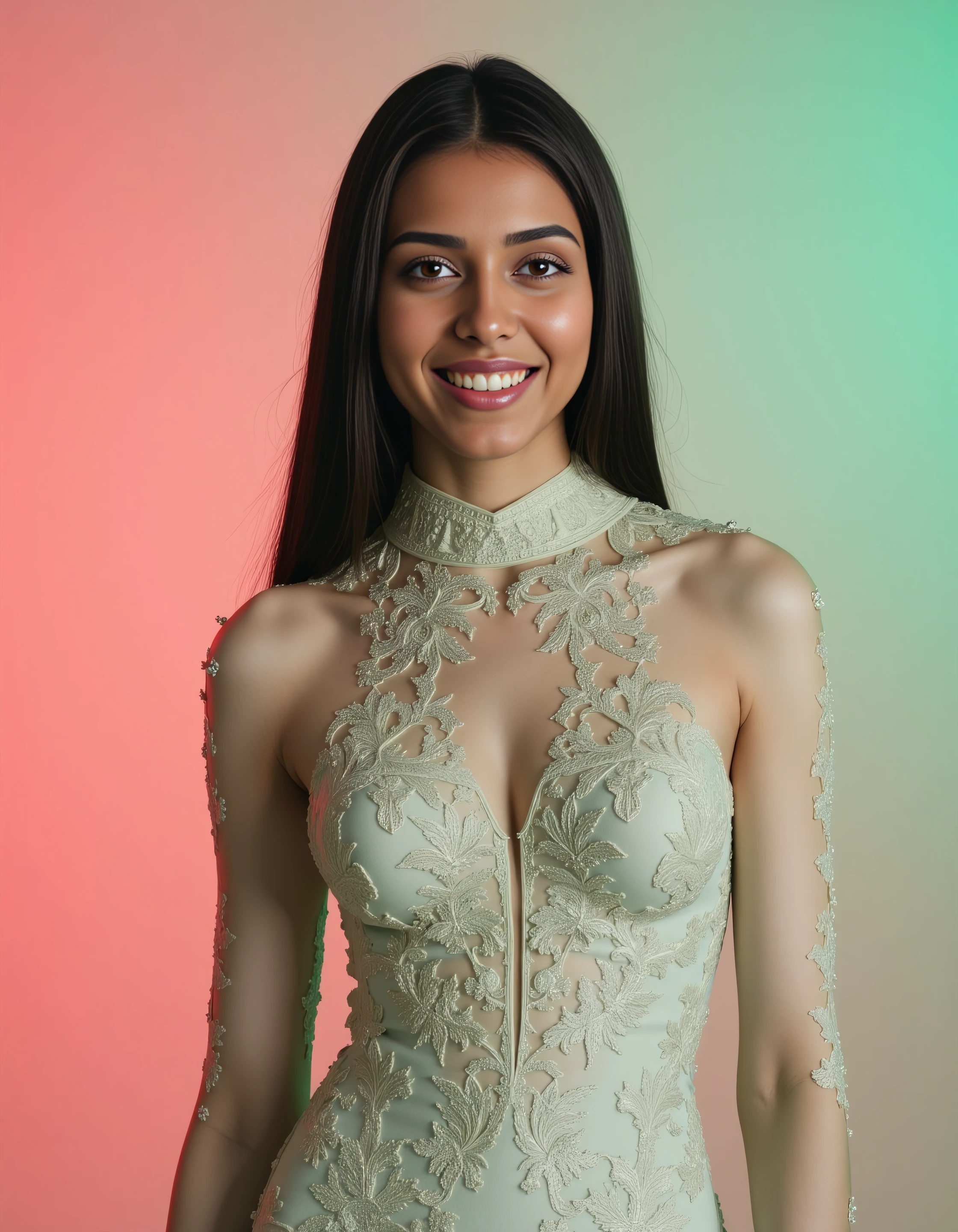 from front photo of de51 light woman, thin waist with hourglass figure, hyper realistic candid photo, shouting,studio quality, wearing intricate conservative turtleneck Jade Indo-Western Gown, straight hair, pastel shaded multicolored background, cinematic lighting, <lora:Desi_Coffee_Flux_Kohya_LoRA_v3:1>âââ