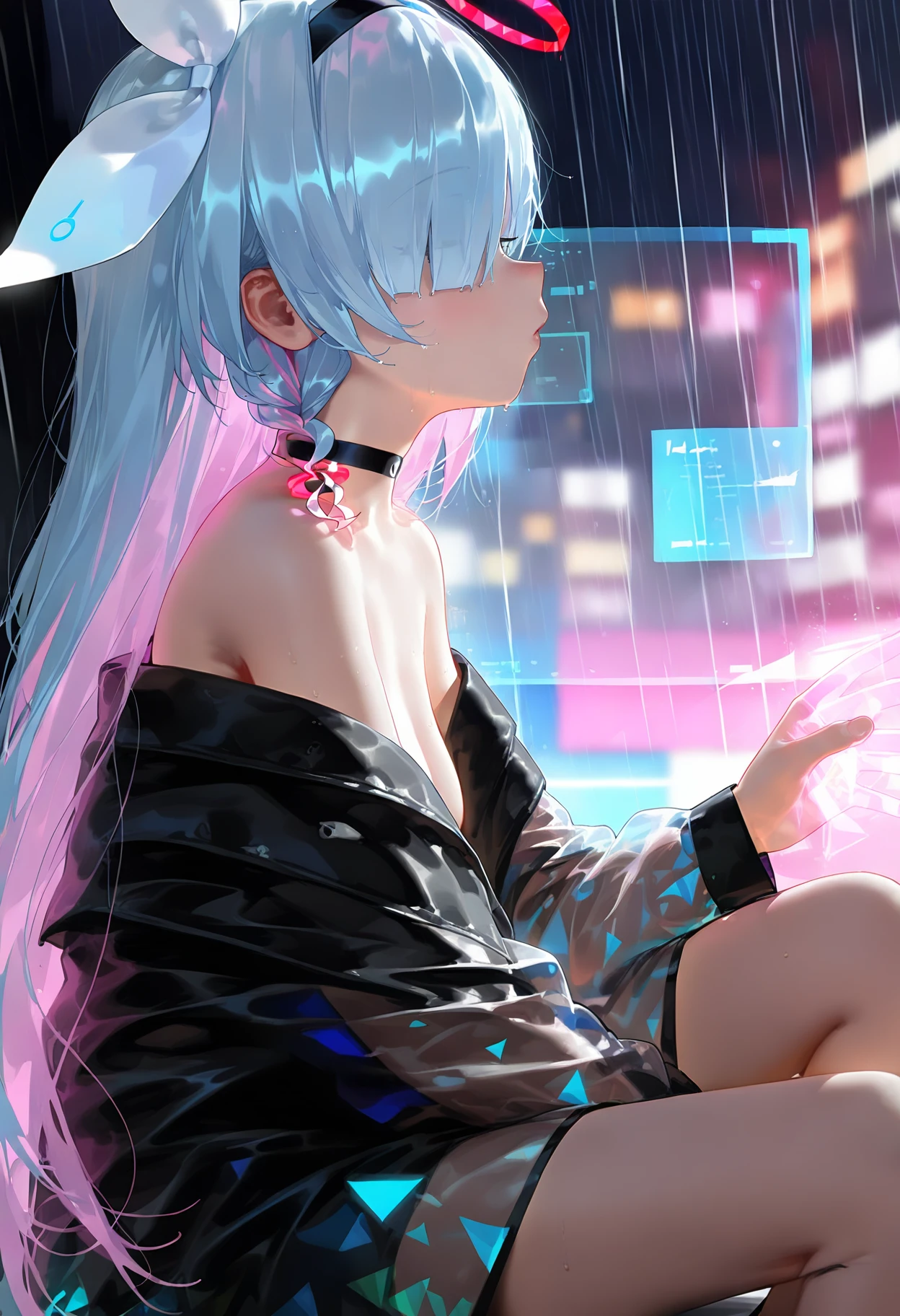 1girl, solo, arona \(blue archive\), long hair, choker, halo, jacket, sitting, black choker, hairband, braid, off shoulder, from side, bare shoulders, pink hair, black jacket, rain, bangs, holographic interface, ribbon, hair ribbon, blurry, long sleeves, multicolored hair, profile, blue hair, bow hairband, blurry background, breasts <lora:nyaliaXL_NBVP1_lokr_V6311P:0.95>