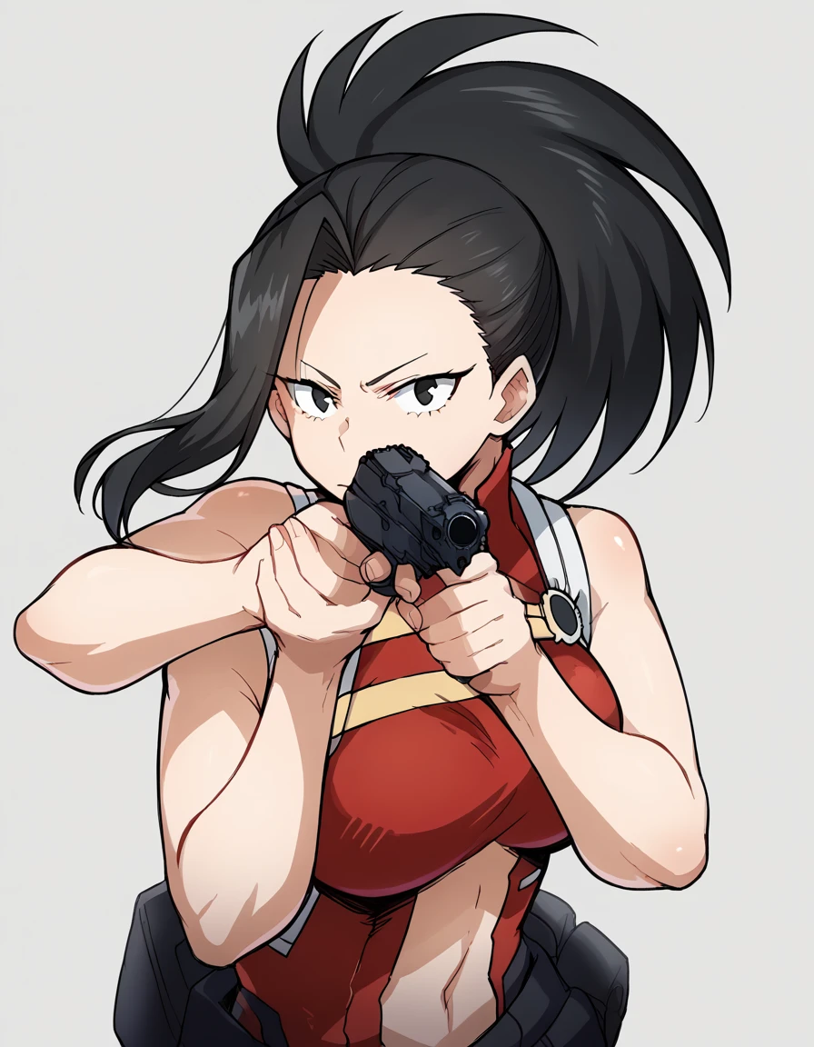 score_9, score_8_up, score_7_up, source_anime, <lora:momo-yaoyorozu-ponyxl-lora-nochekaiser:1>, yaoyorozu momo, long hair, bangs, black hair, ponytail, black eyes, high ponytail, wide ponytail, large breasts,, <lora:center-axis-relock-stance-ponyxl-lora-nochekaiser:1>, center axis relock stance, looking at viewer, holding, closed mouth, weapon, holding weapon, gun, holding gun, handgun, aiming, finger on trigger, aiming at viewer, m1911,, ,