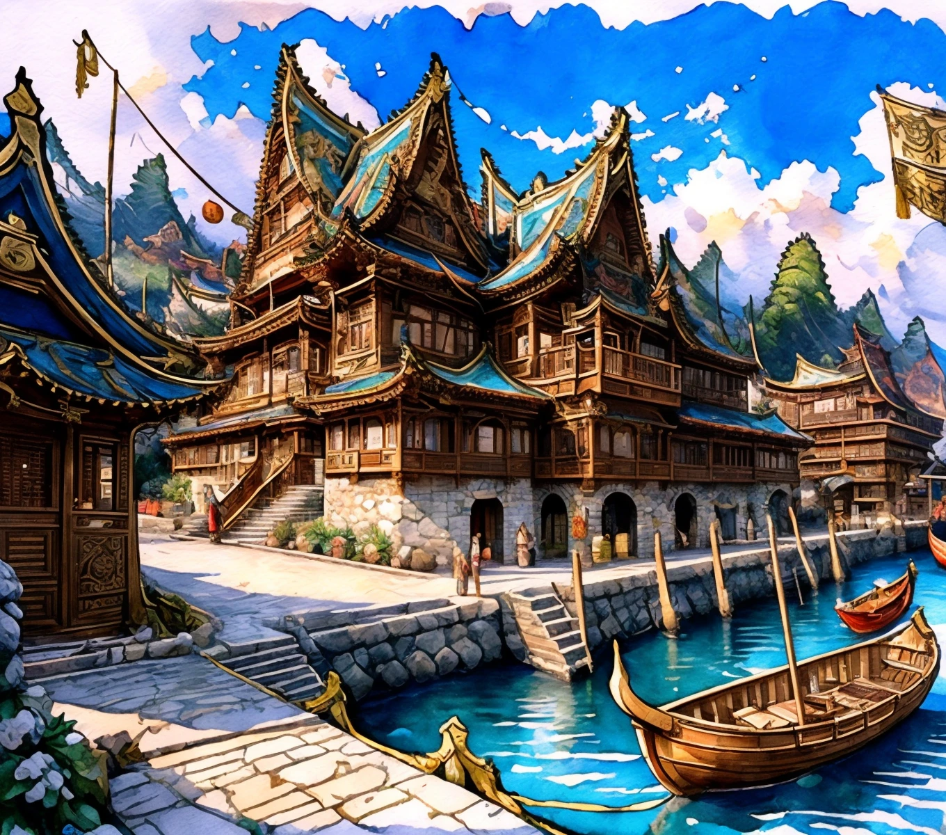 RAW photo, (masterpiece:1.3), subsurface scattering, heavy shadow, (high quality:1.4), (intricate, high detail:1.2), professional photography, HDR, High Dynamic Range, realistic, ultra realistic, photorealistic, high resolution, film photography, ambient lighting, atmospheric effects, <lora:detail_slider_v4:2>, OverallDetail, <lora:HarborAndDocks:1>, barrel, blue sky, boat, bridge, building, cloud, cloudy sky, east asian architecture, flag, hado, multiple others, no humans, outdoors, pier, scenery, ship, sky, stairs, traditional media, tree, water, watercraft