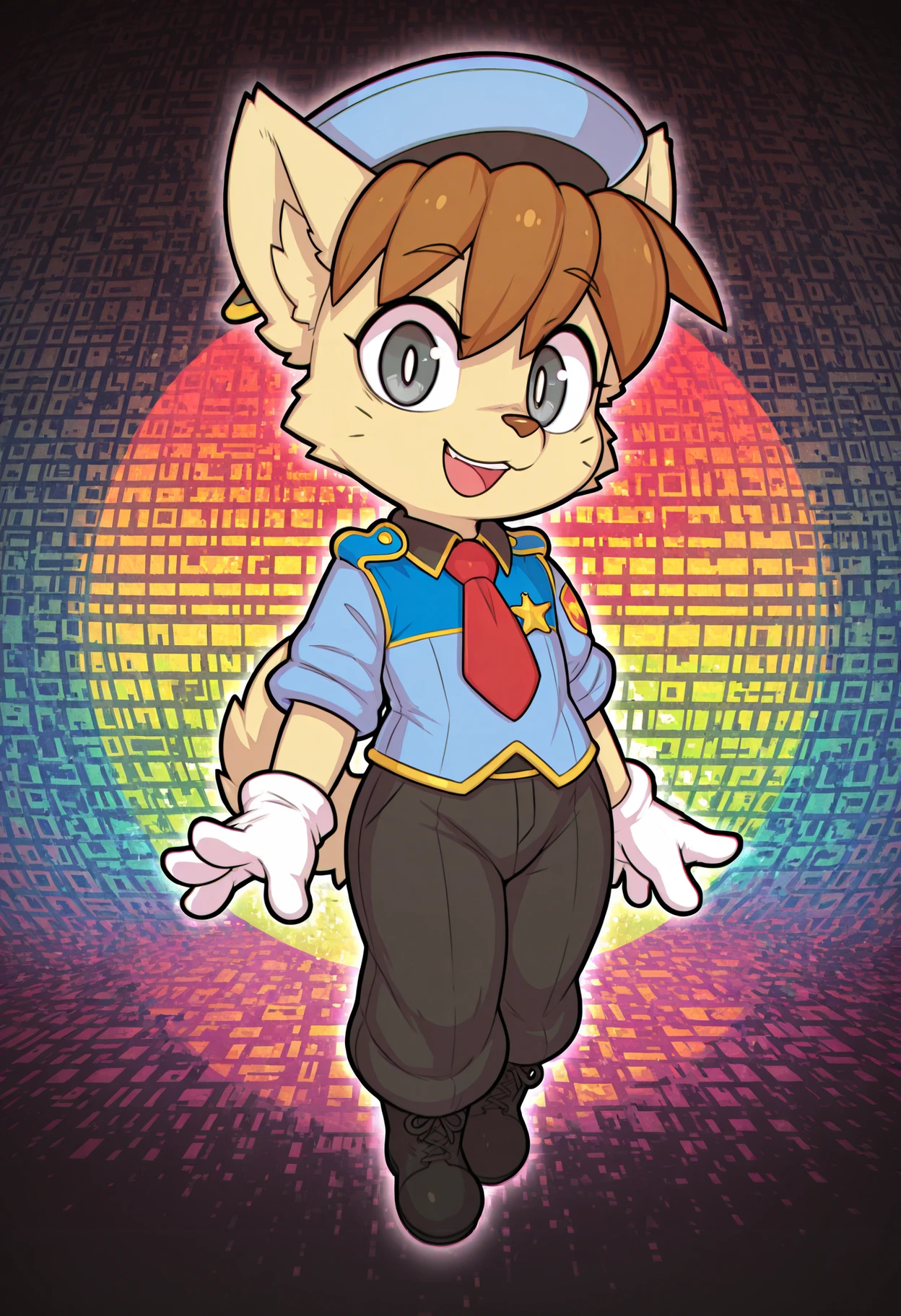 masterpiece, best quality, amazing quality, very aesthetic, high resolution, kekitopu, waffletc, full body, chibi, looking at viewer, perspective, 1boy, solo, furry male, dog boy, grey eyes, (brown hair:0.4), animal ears, animal nose, whiskers, tail, body fur, police uniform, police hat, boots, gloves, short sleeves, pants, red necktie, badge, (floating:1.2), cute, adorable, :d, color, colorful background, abstract, abstract background, shapes, dark, chromatic aberration, glitch