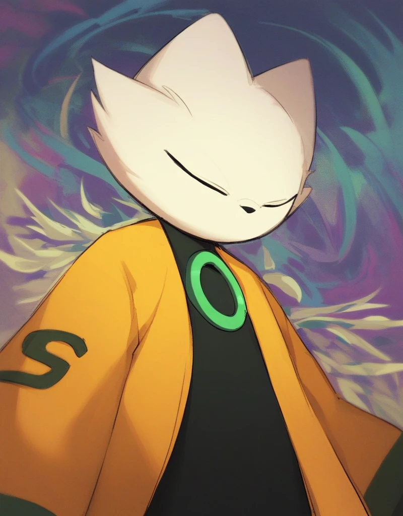 score 9, score 8 up, score 7 up, score 6 up, score 5 up, score 4 up, 
yi, nine sols, feline, solarian, anthro, solo, male, looking down, looking at plant, white fur, closed eyes, cat ears, clothes, black body, green ring on chest, yellow coat, long sleeves, abstract background 