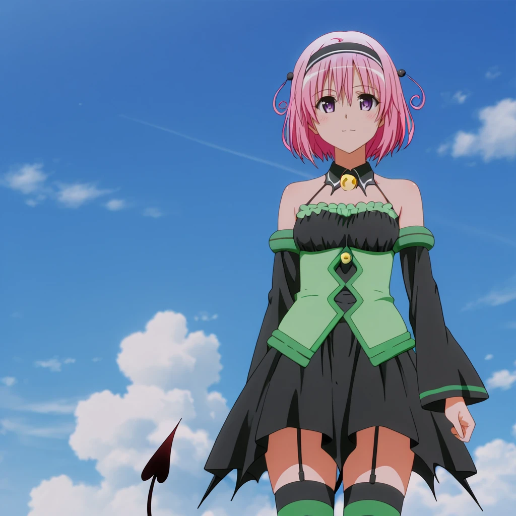 <lora:Momo_illustrious_v1:1> MomoGreenDress, 1girl, momo velia deviluke, pink hair, demon tail, short hair, purple eyes, detached sleeves, striped thighhighs, hairband