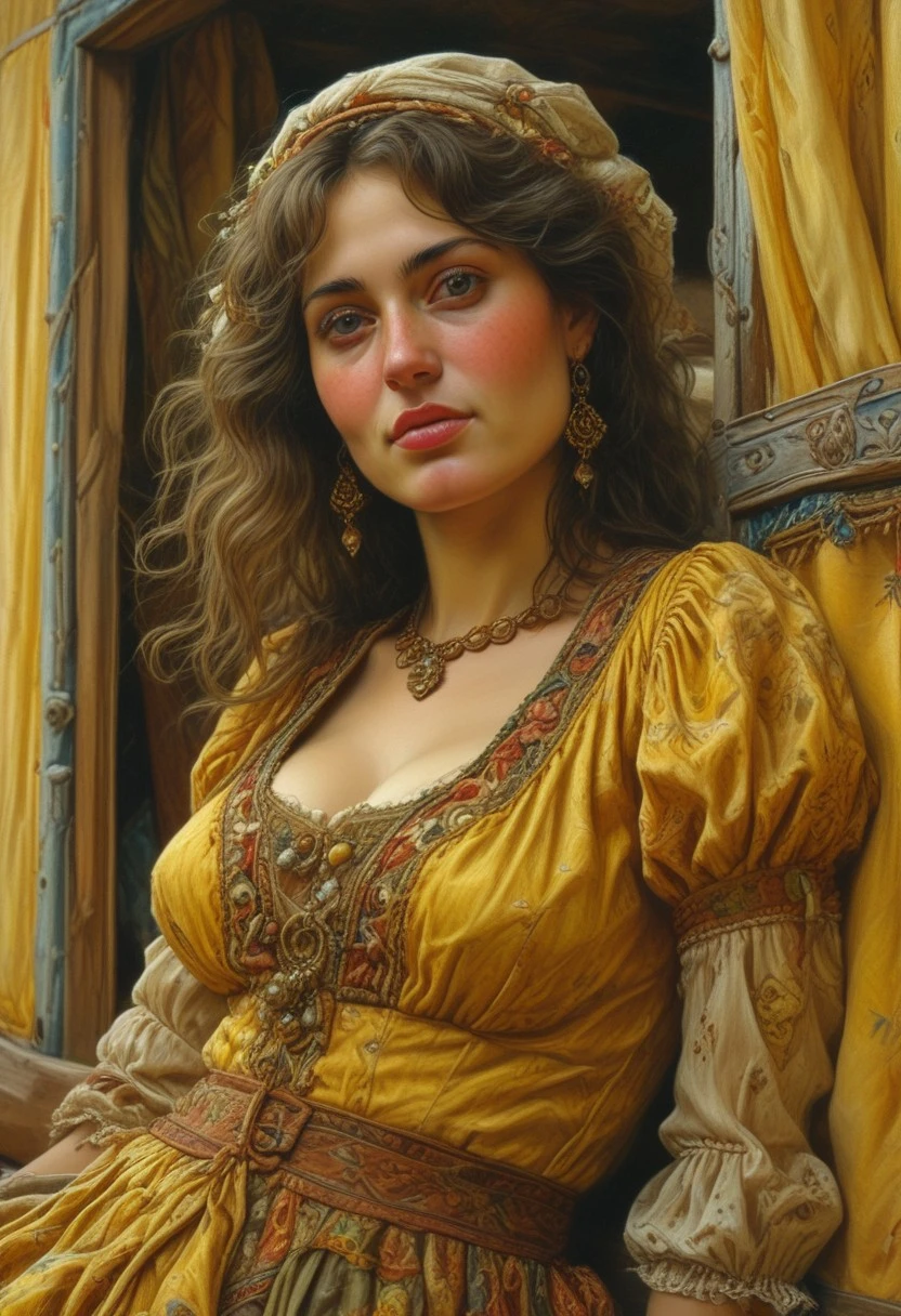 HD 34K, Photo realistic painting, preraphaelite style, a Romani woman leaning out of a caravan window, outside of the caravan is yellow, style of Talbot Hughes
