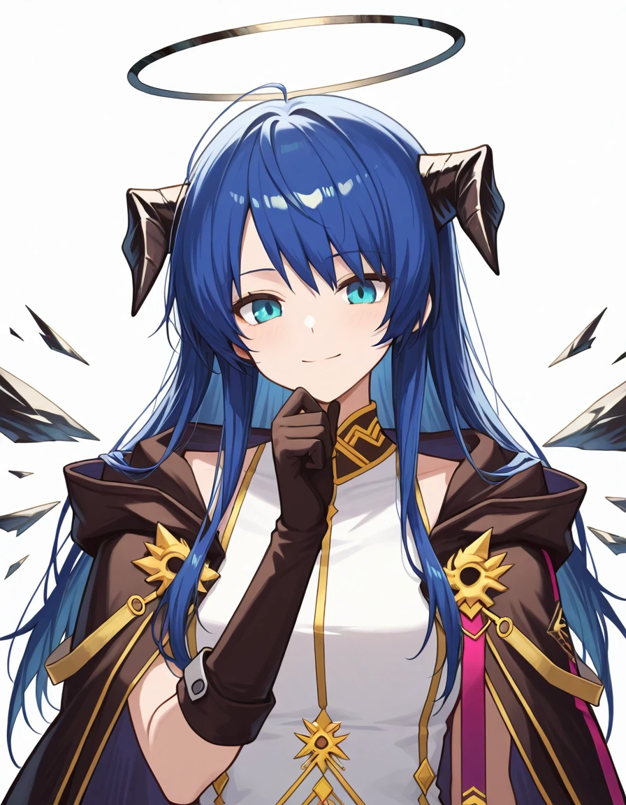 Volumetric Lighting, (masterpiece), (best quality), (ultra-detailed), masterpiece, source_anime, score_9, score_8_up, score_7_up BREAK, illustration, disheveled hair, detailed eyes, perfect composition, moist skin, intricate details BREAK, light depth, detailed face, detailed fingers, BREAK, mostima (arknights), long hair, blue hair, blue eyes, mosti horns, sankta wings, detached wings, mosti halo, black halo BREAK, spellbreaker,SB dress, SB capelet, SB gloves,elbow gloves, BREAK, ((white background)), looking at viewer, smile, upper body, hand up, detailed eyes